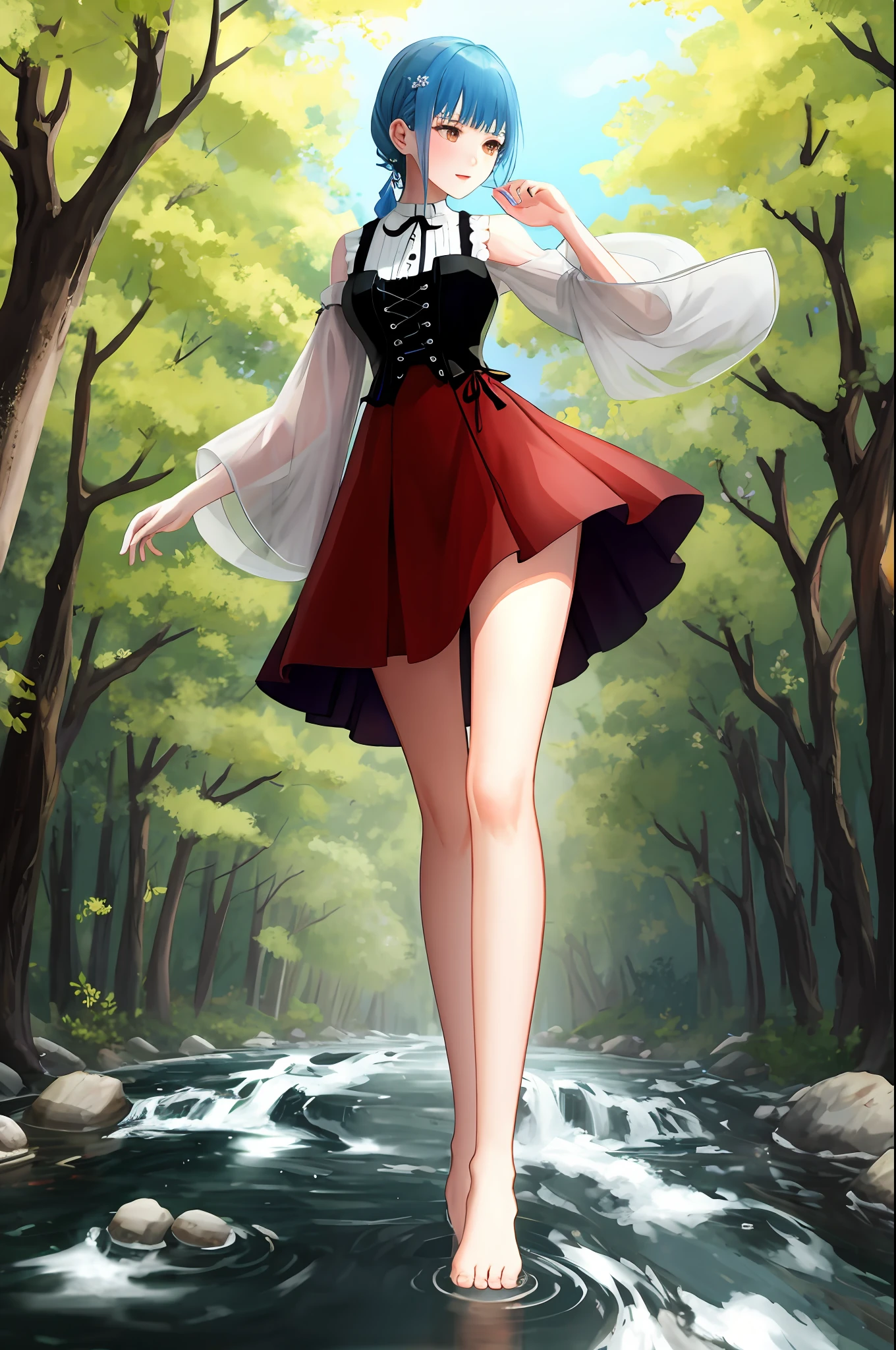 Has blue hair，Ancient wind,Perfect body proportions，  A beautiful woman in period costume，A pair of slender legs, Barefoot，Stand in the stream of the peach blossom forest