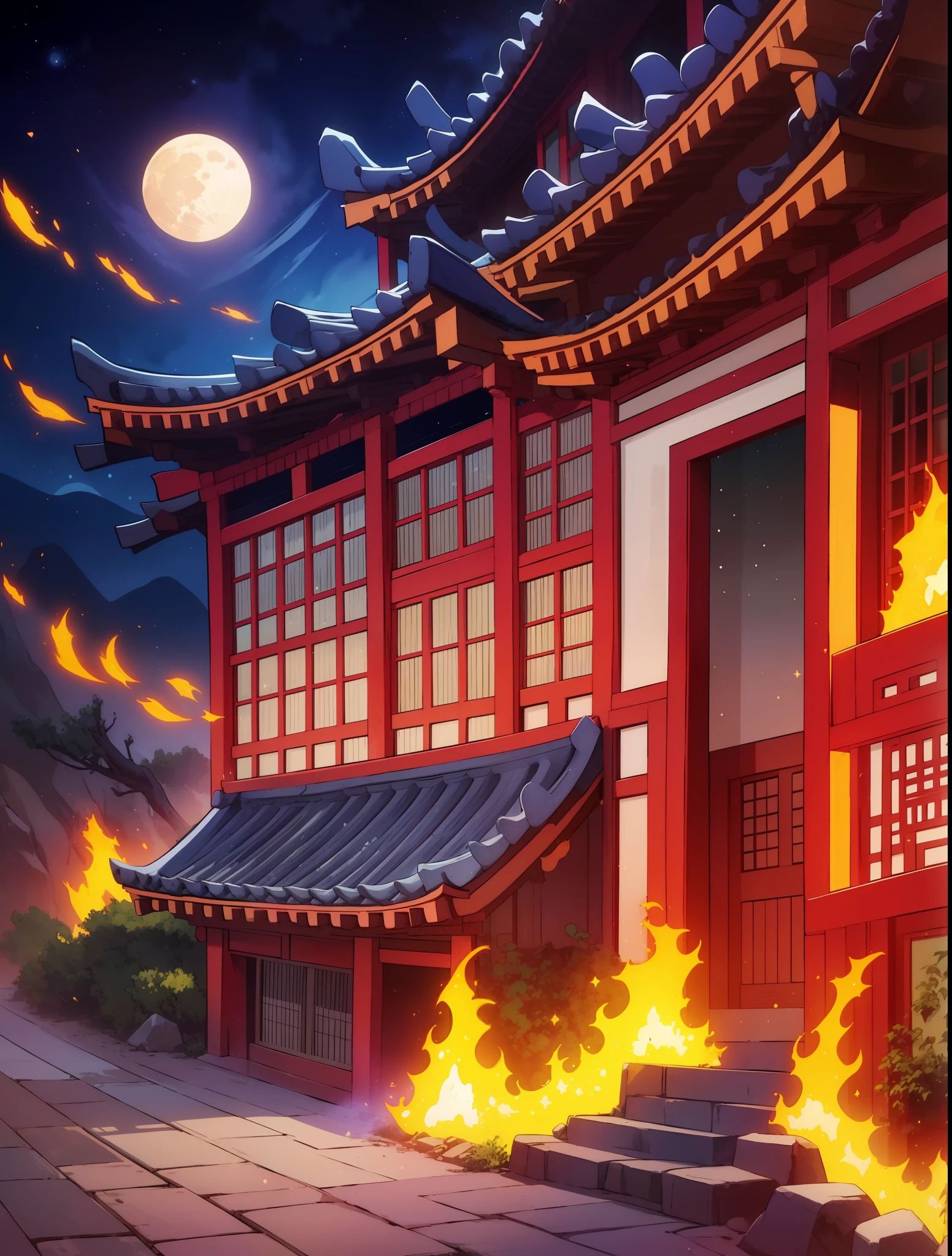 One Piece ,The fist is full of fire,Scenes from ancient Chinese cities, this
The bright moon hangs high,starry sky bright, Symmetrical combination-
sky, 3/4 body,Realistic use of light and color,Fantastic style
Japanese contemporary, Bold illustration