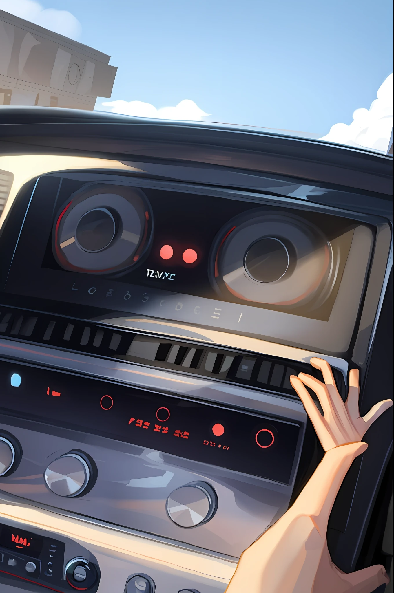 Someone is driving a car with their hands on the radio and dashboard, Old, Nostalgic, lofi artstyle, lofi art, low details. Digital Painting, Rophy Technology, lofi vibes, lofi-girl, Lofivibe, lofi portrait, lofi album art, lofi feel, animation illustrative style, lo-fi illustration style