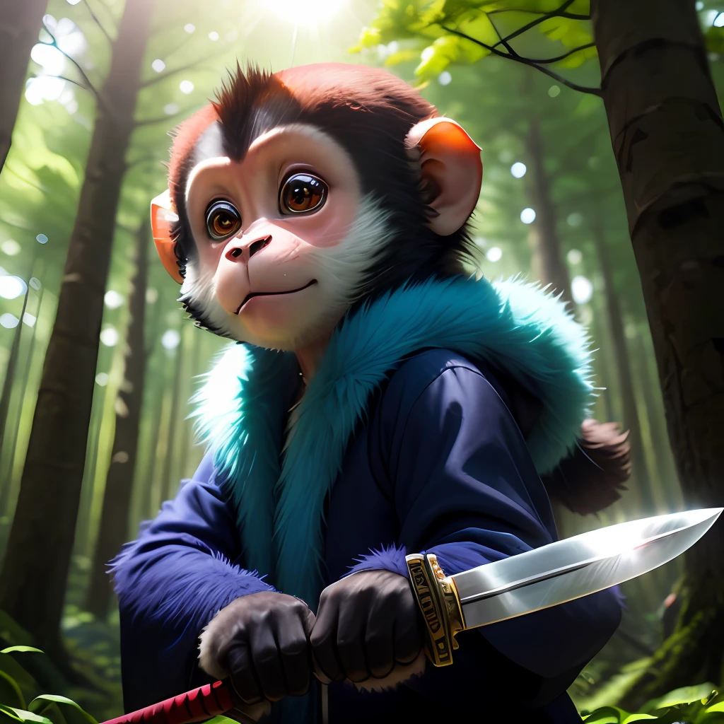 (35mm movie rendering+Realistic details)，Samurai cute kawaii monkey avatar+human - shaped，Long knives，Blue fur，(Sunshine Forest+Fantastic atmosphere)，(Clear key lighting+depth of field background)，4K分辨率