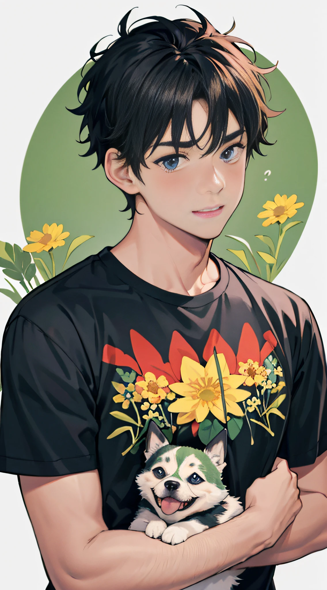 RAW,8K,high qulity,(1 man:1.2),with a round face,white short sleeve,simplebackground,grassy,florals,Pet dogs