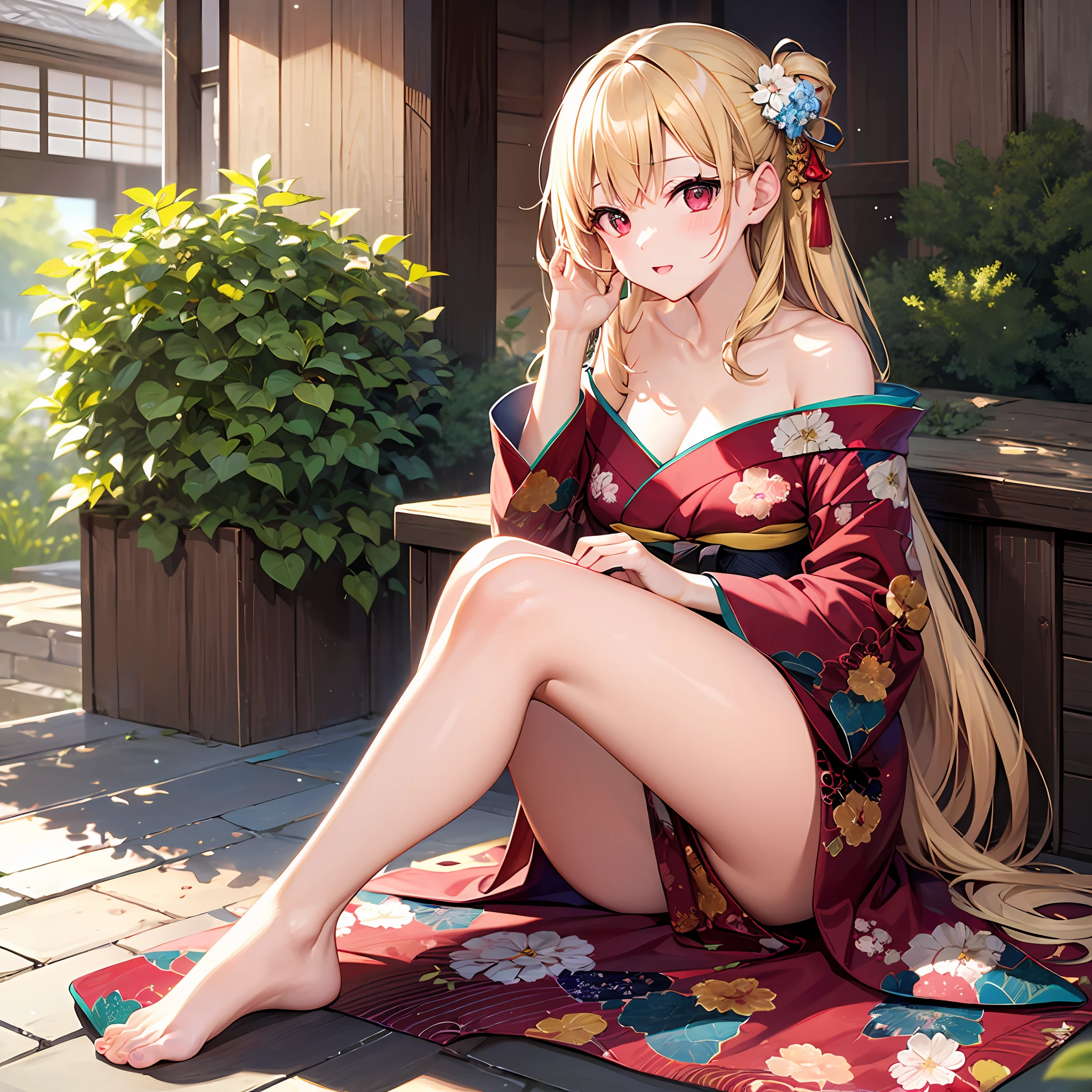 One blonde girl、red eyes、Kimono、Beautiful feet、Beautiful shoulders