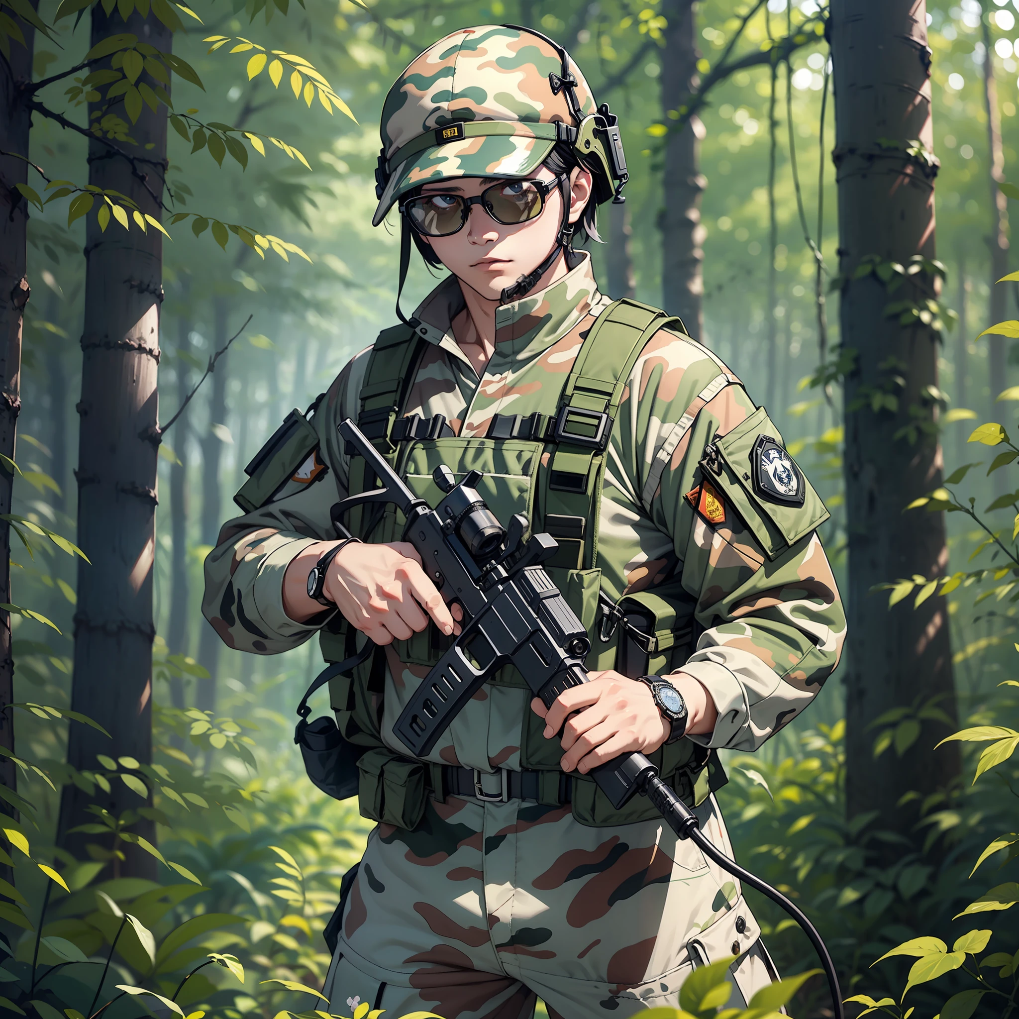 Several thousand special forces,Wear camouflage clothing,Stand in the forest,Handsome,Mighty and domineering,In the jungle。panoramicshooting。