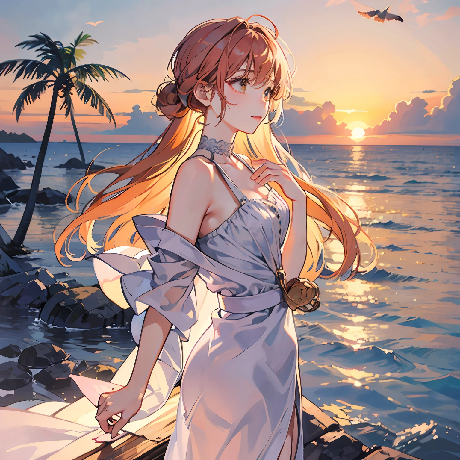 An absolutely mesmerizing sunset on the beach, with a mix of orange, pink, and yellow in the sky. The water is crystal clear, gently kisses the coast, and the white sand is endless. The scene is dynamic and breathtaking, with seagulls soaring high in the sky and palm trees swaying softly. Immerse yourself in the calm atmosphere and let the serenity surround you. --auto