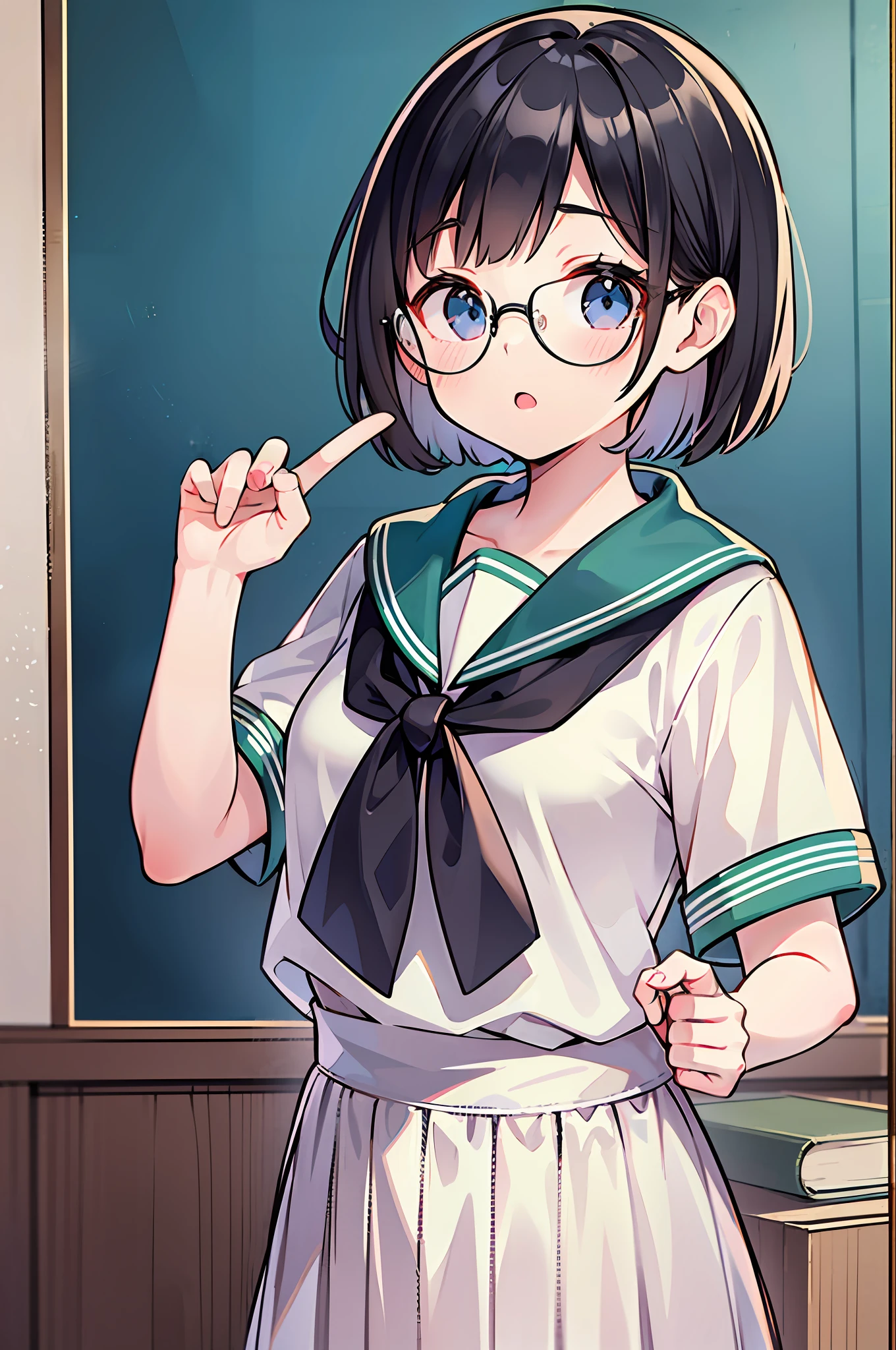 top-quality、超A high resolution、1 、Short hair、Dark hair、hair adornments、eye glasses、Classroom、White sailor suit with short sleeves、Infant body type