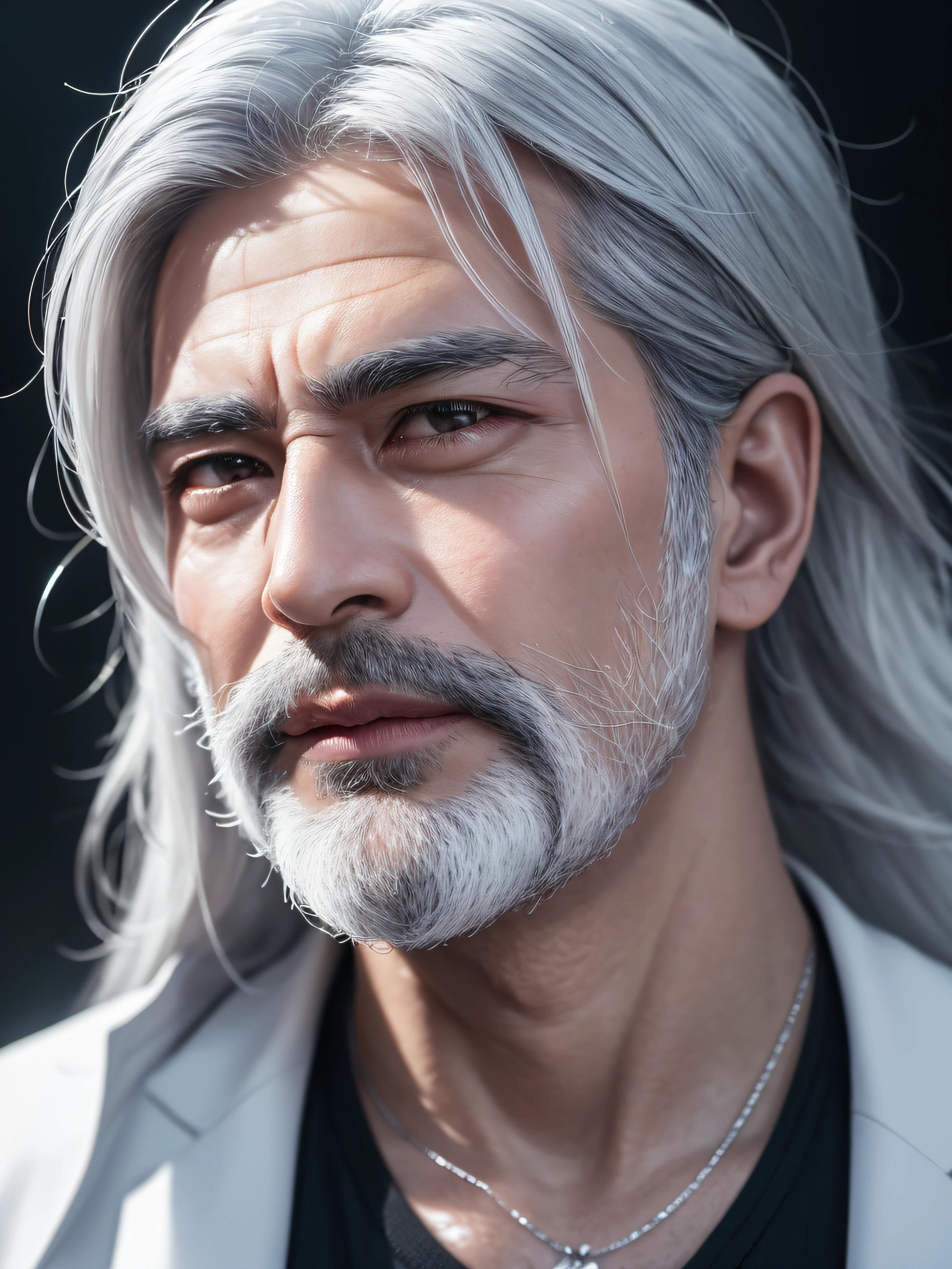 Best quality, masterpiece, ultra high res, (photorealistic:1.4), raw photo, young handsome male, facial hair, silver hair