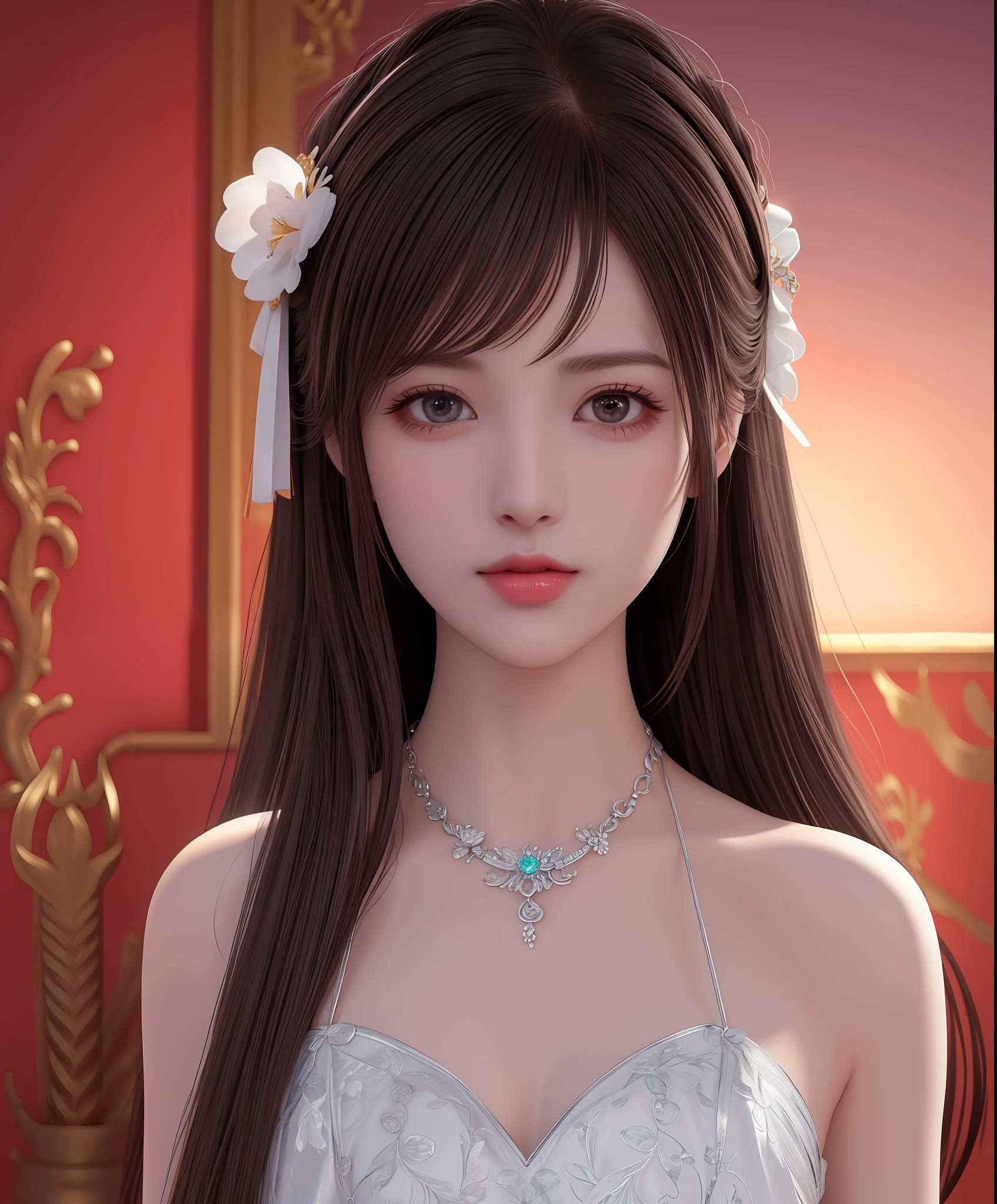 Best quality, masterpiece, high resolution, 1girl, porcelain dress, hair accessories, necklace, jewelry, beautiful face, on the body, Tyndall effect, realistic, dark studio, edge lighting, two-tone lighting, (high detail skin: 1.2), 8k UHD, dslr, soft light, high quality, volumetric light, candid, photo, high resolution, 4k, 8k, background blur,