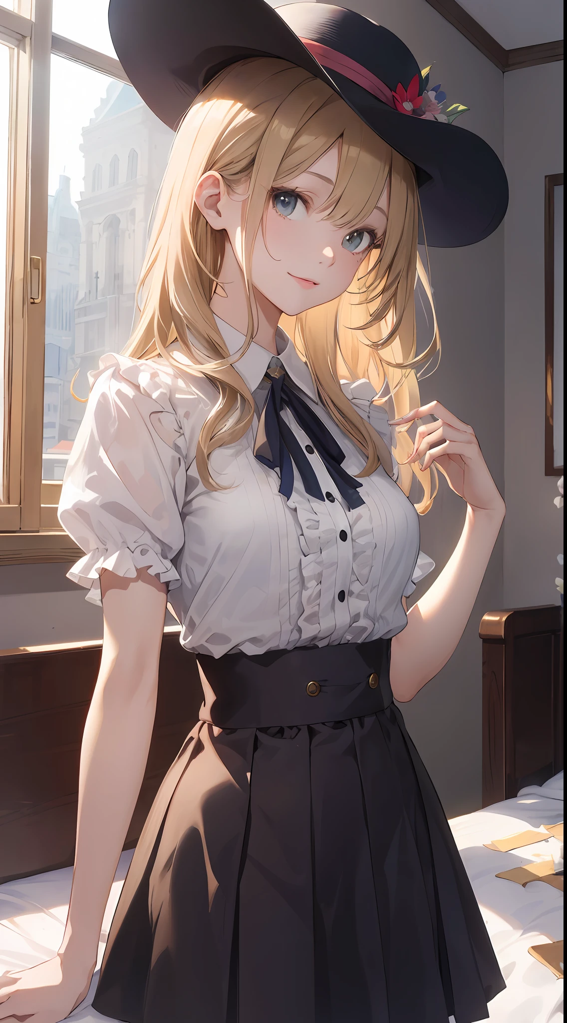 ((masterpiece best quality:1.4)), ((masutepiece, Best Quality)), (The 8k quality), (Detailed background:1.3), (Detailed face:1.3), (Cute teenage woman, Solo),Beautiful portrait、Delicate body、frilled blouse,Long Check Skirt,hat, Vintage, Long Blonde Hair,Cinematic Light,Little smile,tilt the neck、On a plush bed、Sunlight、Fluffy breasts、Flipped skirt、Luxurious underwear、Rainbow glow, Beautiful Glow,