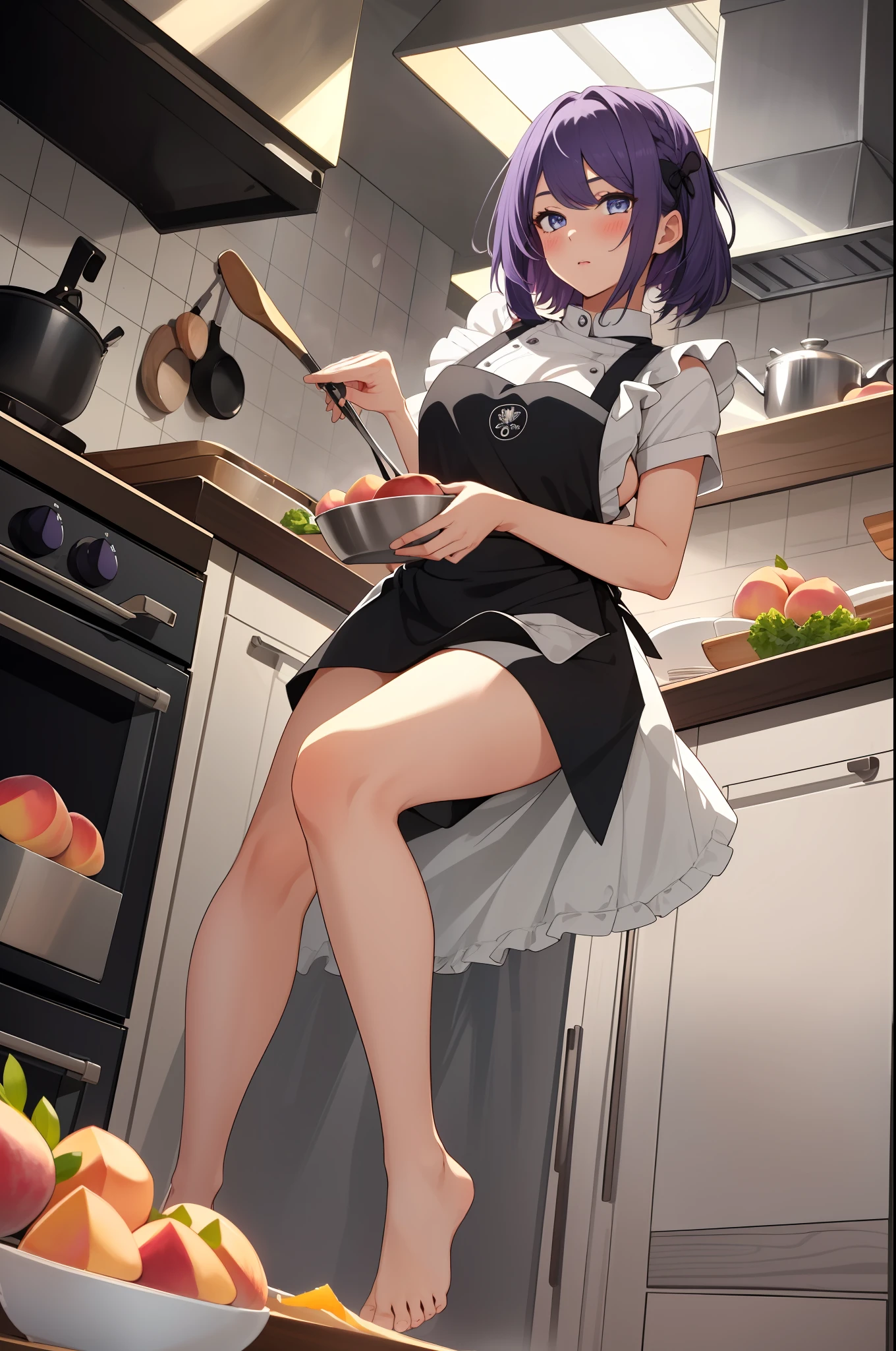 1girl, solo, masterpiece, highest quality, 8k, , kitchen background, naked apron, bare legs, sexy legs, bewitching thighs, blushing slightly, sfw, thick thighs,  facing a turkey on plate half cooked, purple hair, blue eyes, peach skin, black and white apron, naked apron, ahegao expression