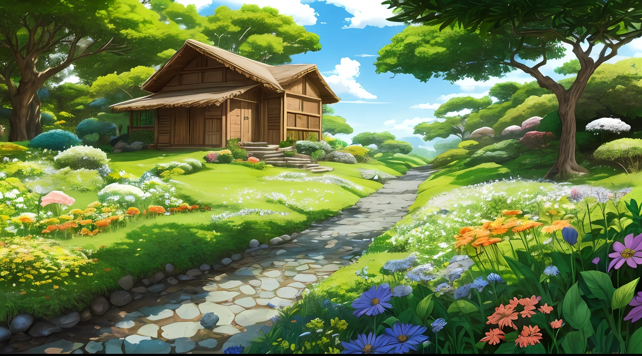 Studio Ghibli e Dragon Quest, Um background com uma planice verde, relaxante, cheio de belas flores misturadas de diversas cores, A place of contemplation. --auto