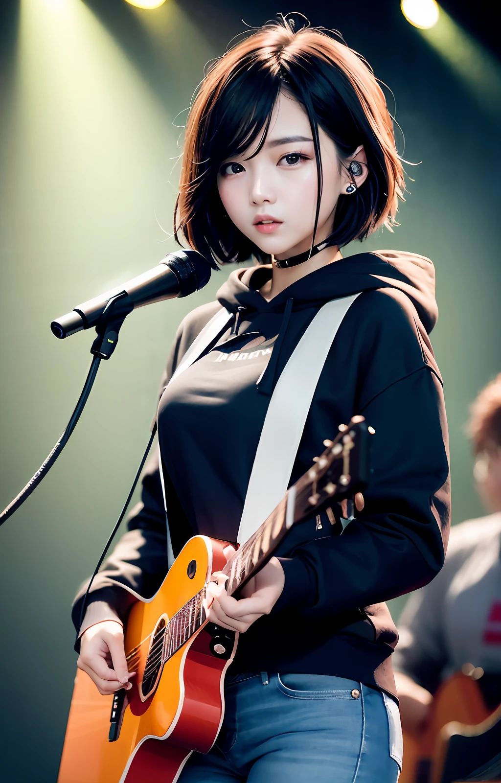 a potrait of a beautiful korean idol, 27 years old, short black hair, black hoodie, blue jeans, perform on the stage, breast 1:2, (50 mm leica lens)