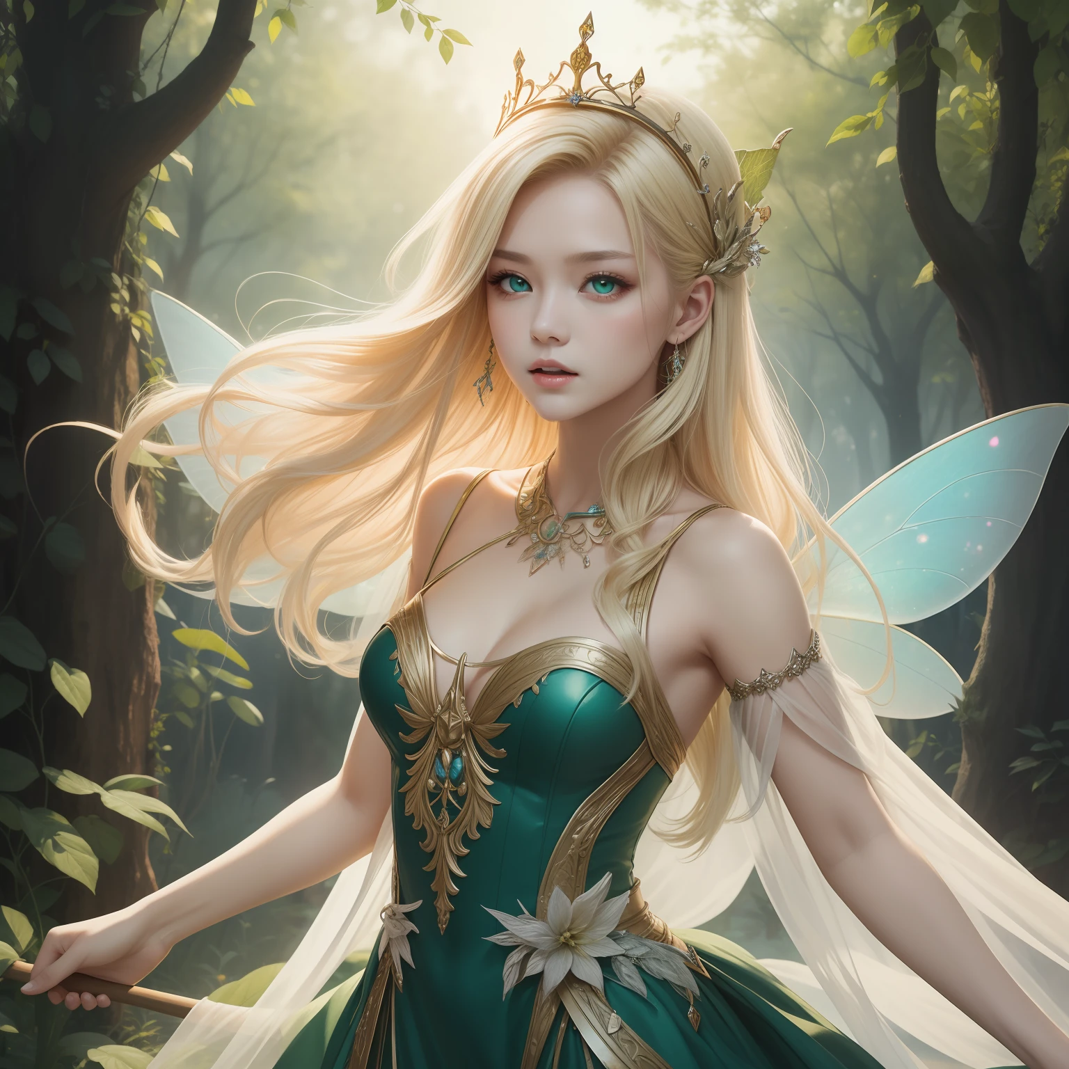 (masterpiece)8K分辨率、top-quality、Fairy Queen Singing Song、platinum-blonde-hair、Green eyes、Hazel eyes、Delicate body、fantasy-inspired