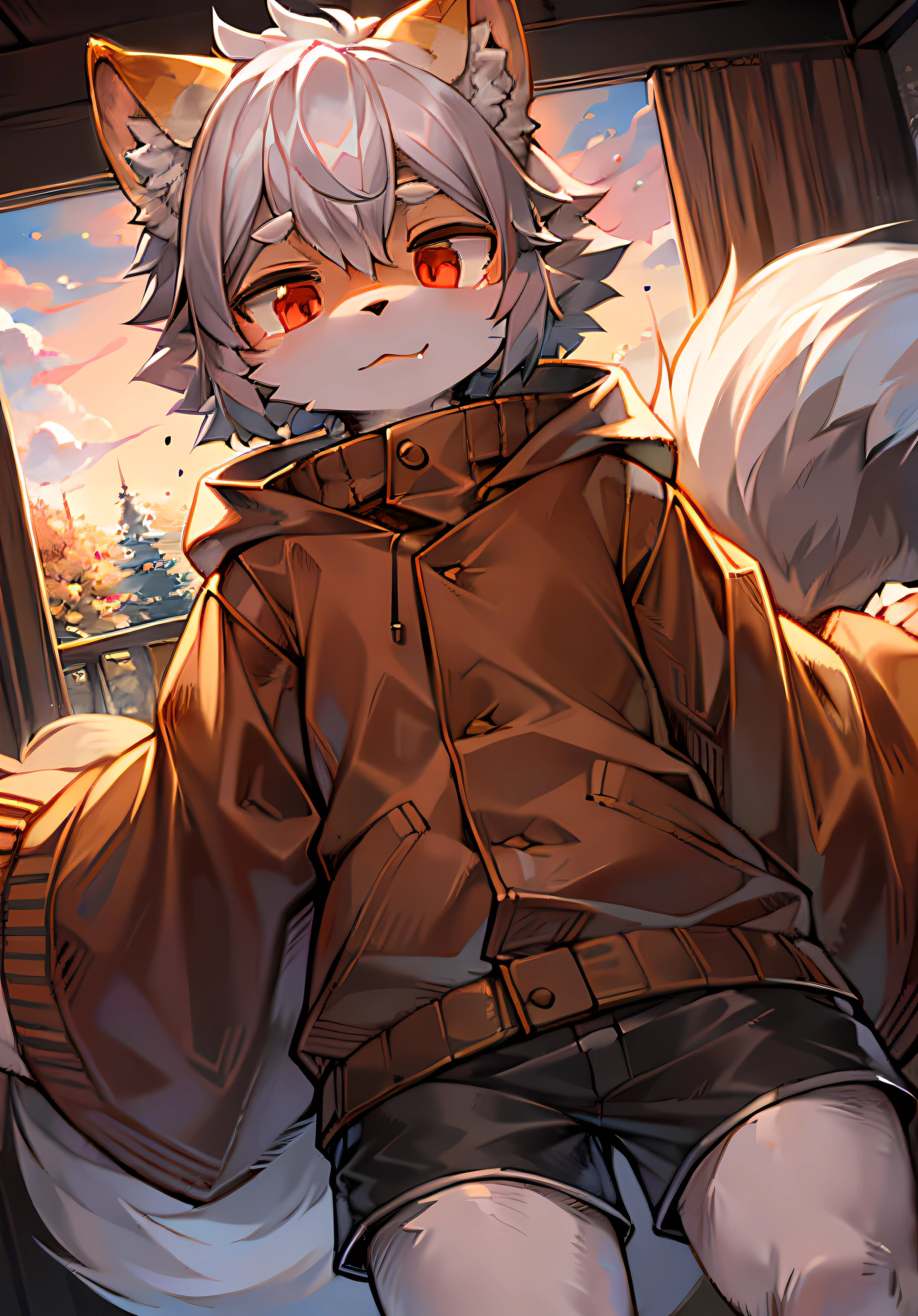eyes with brightness,in a panoramic view,Character focus,独奏,shaggy,shaggy male,malefocus,anthr,(Full body fur,Fluffy tail,Off-white fur,Orange-red eyes,Gray hair,Orange coat,grey shorts:1.2)