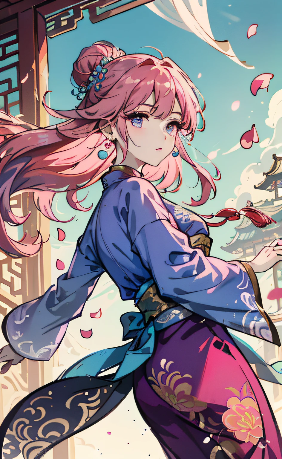 Mature girl ，Purple eye，Pink hair color，Floating hair，Delicate and agile eyes，Intricate damask hanfu，Gorgeous accessories，Wearing pearl earrings，fov，f/1.8，tmasterpiece，Ancient Chinese architecture，blue-sky，Petals flying，Frontal portrait shot，Chang'e，Side lighting，The sun shines on people，8K