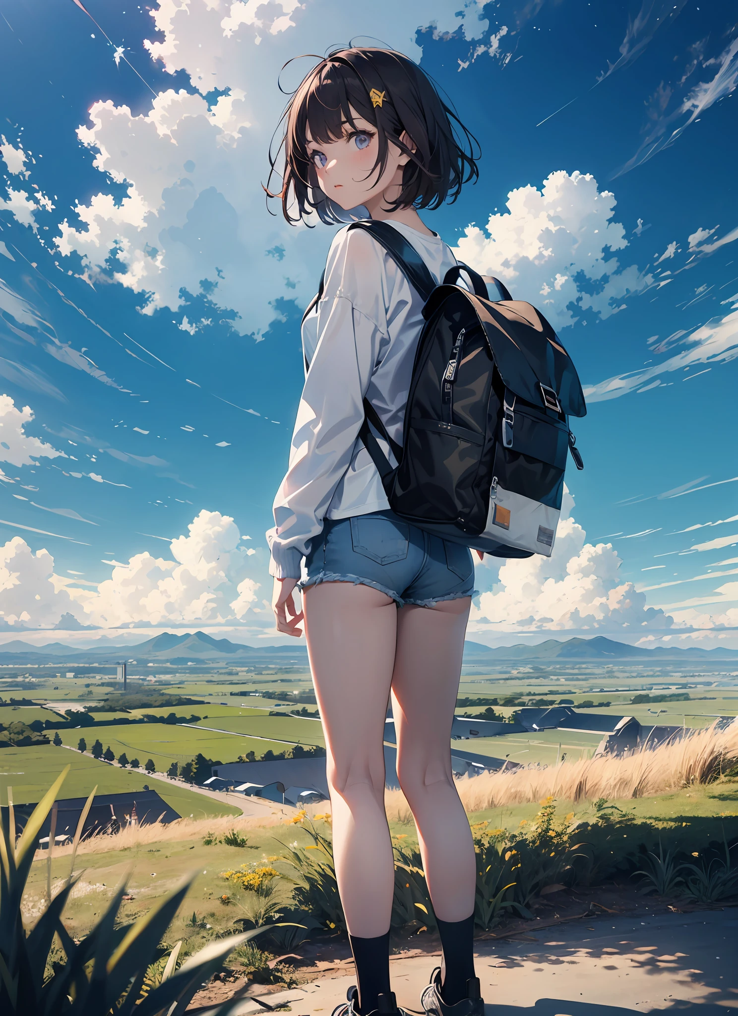 The vast sky, beautiful skyline, large grasslands, extremely tense and dramatic pictures, moving visual effects, the high-hanging Polaris, and colorful natural light. Long-sleeved top, denim shorts, and a girl with a backpack.