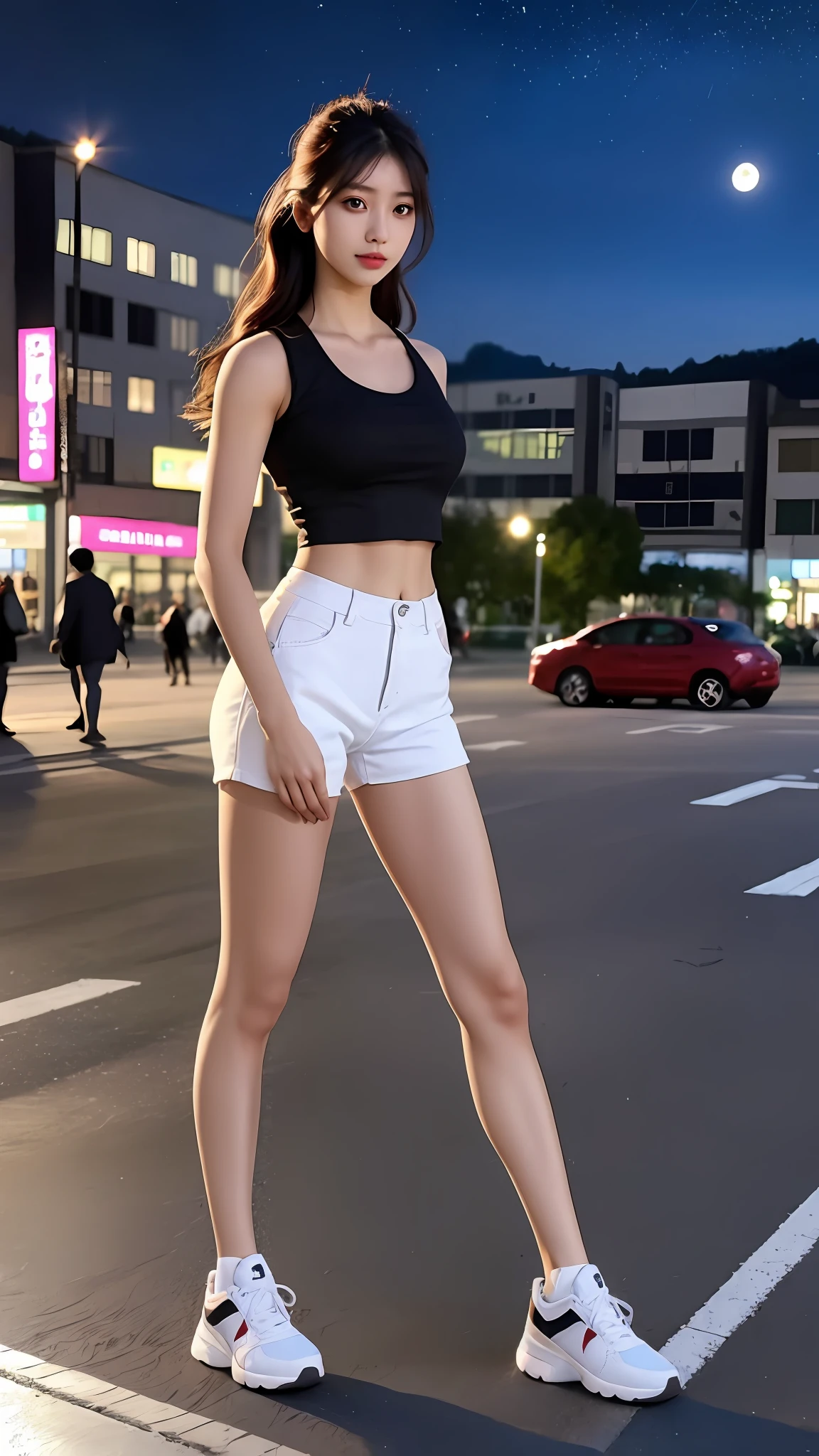 ((Realistic lighting, best qualtiy, 8K, tmasterpiece:1.3)), sharp fokus:1.2, 1girll, Beautiful Women with Perfect Figure:1.4, Slim abs:1.1, ((dark brown  hair)), (White crop top:1.4）,（exteriors，during night：1.1），the city street，Ultra-fine face，Fine eyes，二重まぶた，Full body photo，high-heels，athletic sneakers，