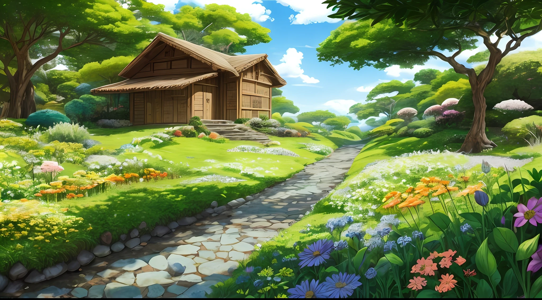 Studio Ghibli e Dragon Quest, Um background com uma planice verde, relaxante, cheio de belas flores misturadas de diversas cores, A place of contemplation. --auto
