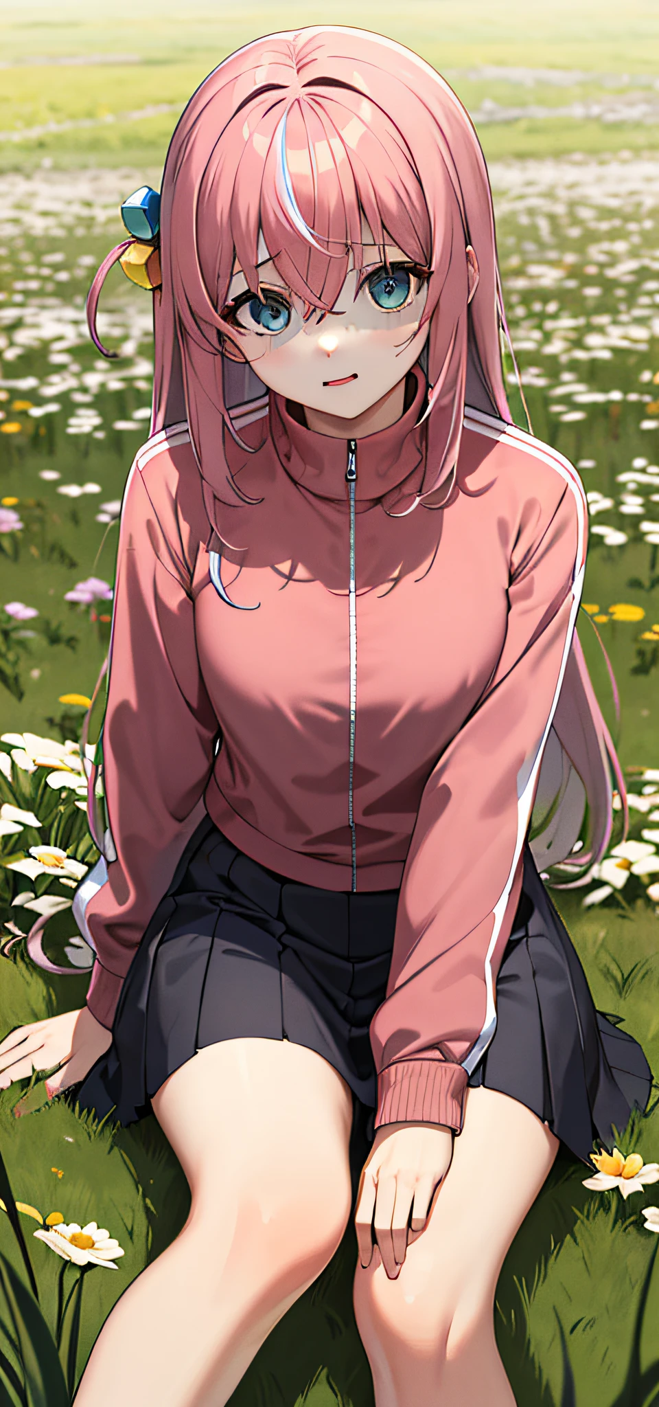 Masterpiece, Best quality, A high resolution, gotou1, gotou hitori, Solo, Skirt, Pink jacket, tracktop jacket, bangs, hair between eye, Long sleeves, Sitting, Field, shaded face,