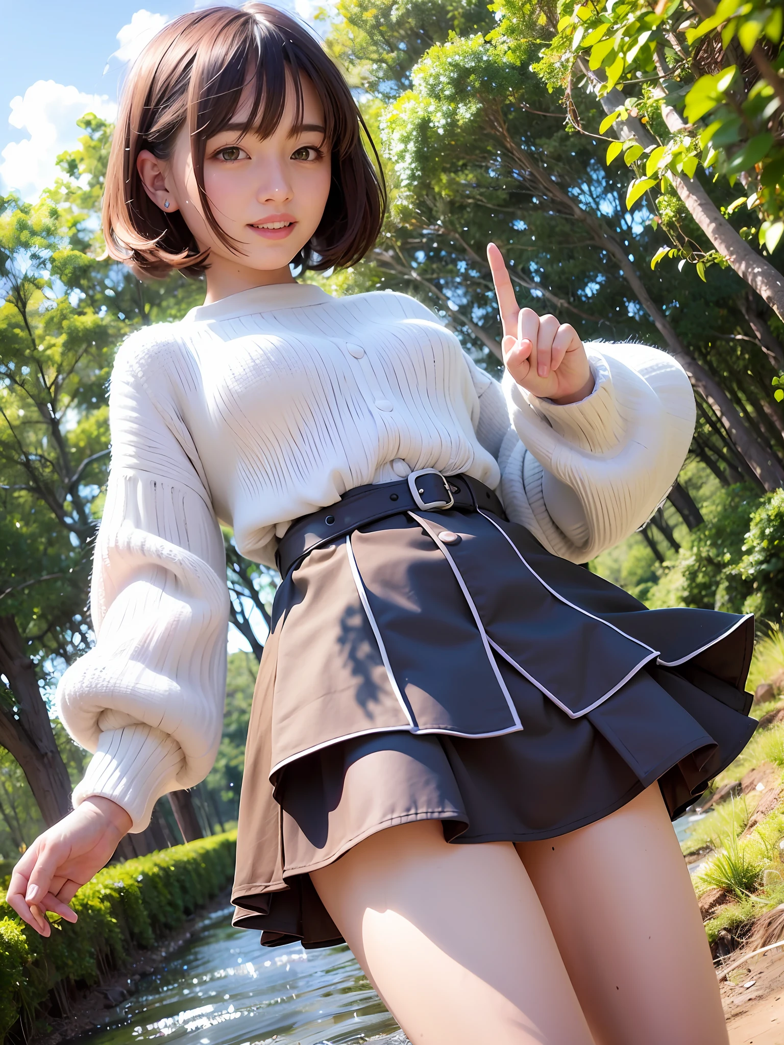 (dynamicposes:1.4), (dynamic ungle:1.4), Romper (细致背景:1.4)、hyper detailed background、(Floating light blue clouds:1.4)、(Floating blue flowers:1.4)、 Romper (perfect anatomia、perfect hand:1.4)、(Perfect five fingers:1.4)、(Perfect 4 long fingers and perfect short thumb:1.4)、(Thumb shorter than the other 4 fingers:1.4)、(Perfect two arms:1.4)、(Perfect two legs:1.4)、((top-quality、8K、masterpiece:1.3))、1girl in、A smile、full body Esbian、Slim Faces、Pretty women、(dark brown hair)、hyperdetailed face、A detailed eye、二重まぶた、blured background、Slim Faces、Cute、extremely delicate and beautiful girl、Happy smiling face、Overall、ultra-detailliert、4K、masutepiece、small mouth、Colossal tits、bura、Underpants、a short skirt,high waist skirt,high-necked,Sleeveless,bob cuts,long boots,ultra-detailliert, 4K, masutepiece,Smile,small mouth,white shirt、Skirts that show the body line、low angles、White sweater、Takushiage、