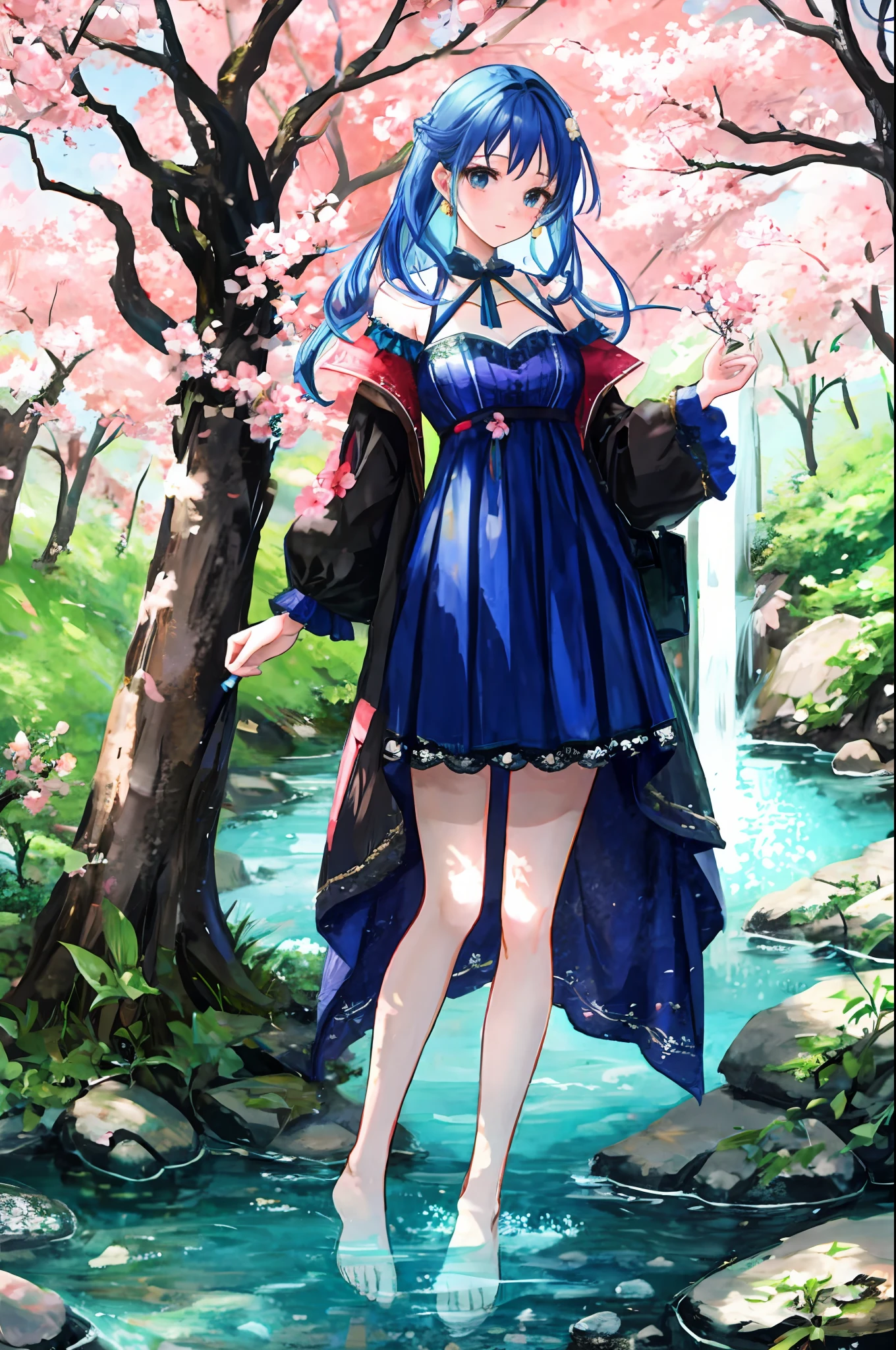 Has blue hair,Perfect body proportions，  A beautiful woman in period costume，A pair of slender legs, Barefoot，Stand in the stream of the peach blossom forest