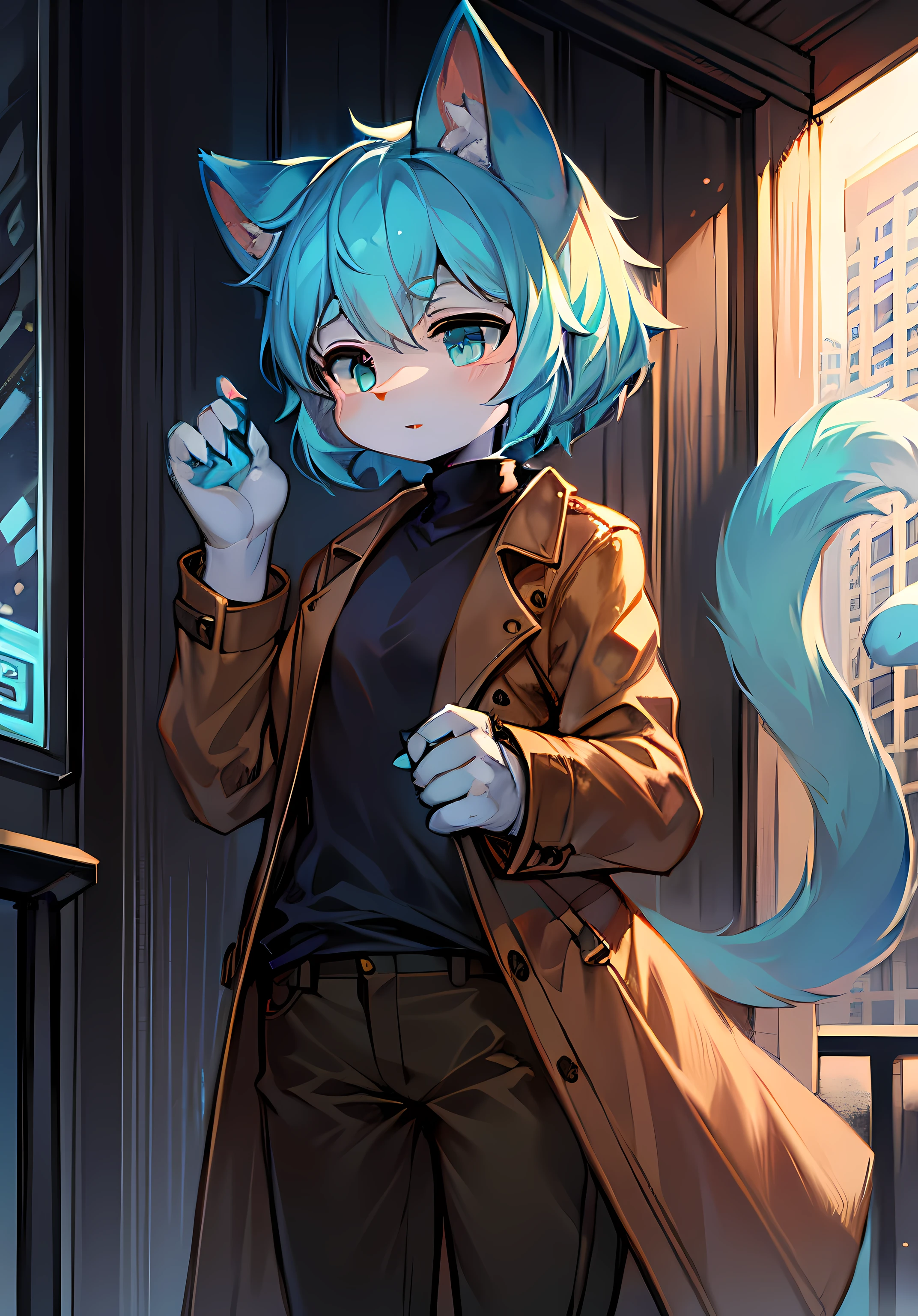 Stand in the city,hightquality,Cat type,Humanity,Cubs,Big fluffy cyan tail,Hair with a blue gradient,a masterpiece of,Cat ears,Brown trench coat,Black shirt,Brown pants,lovly