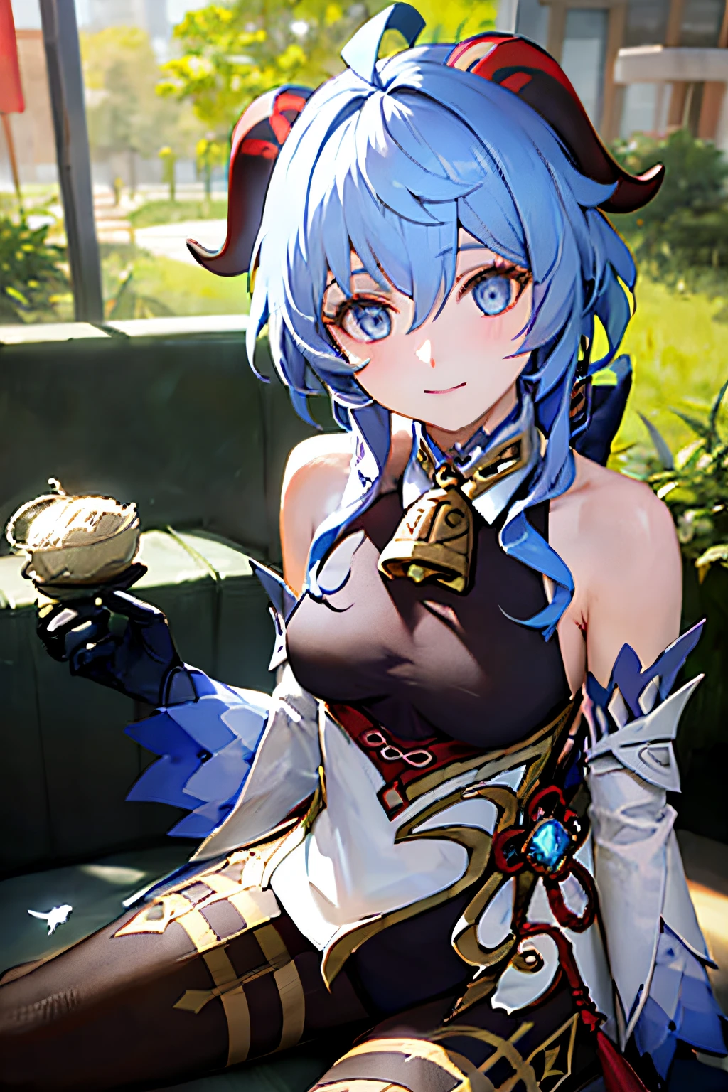 (photorealistic:1.4), (masterpiece, sidelighting, finely detailed beautiful eyes: 1.2), masterpiece*portrait, realistic, 3d face,
ganyu \(genshin impact\), 1girl, ahoge, architecture, bangs, bare shoulders, bell, black gloves, black pantyhose, (blue hair), blush, breasts, chinese knot, detached sleeves, flower knot, gloves, horns, long hair, looking at viewer, medium breasts, neck bell