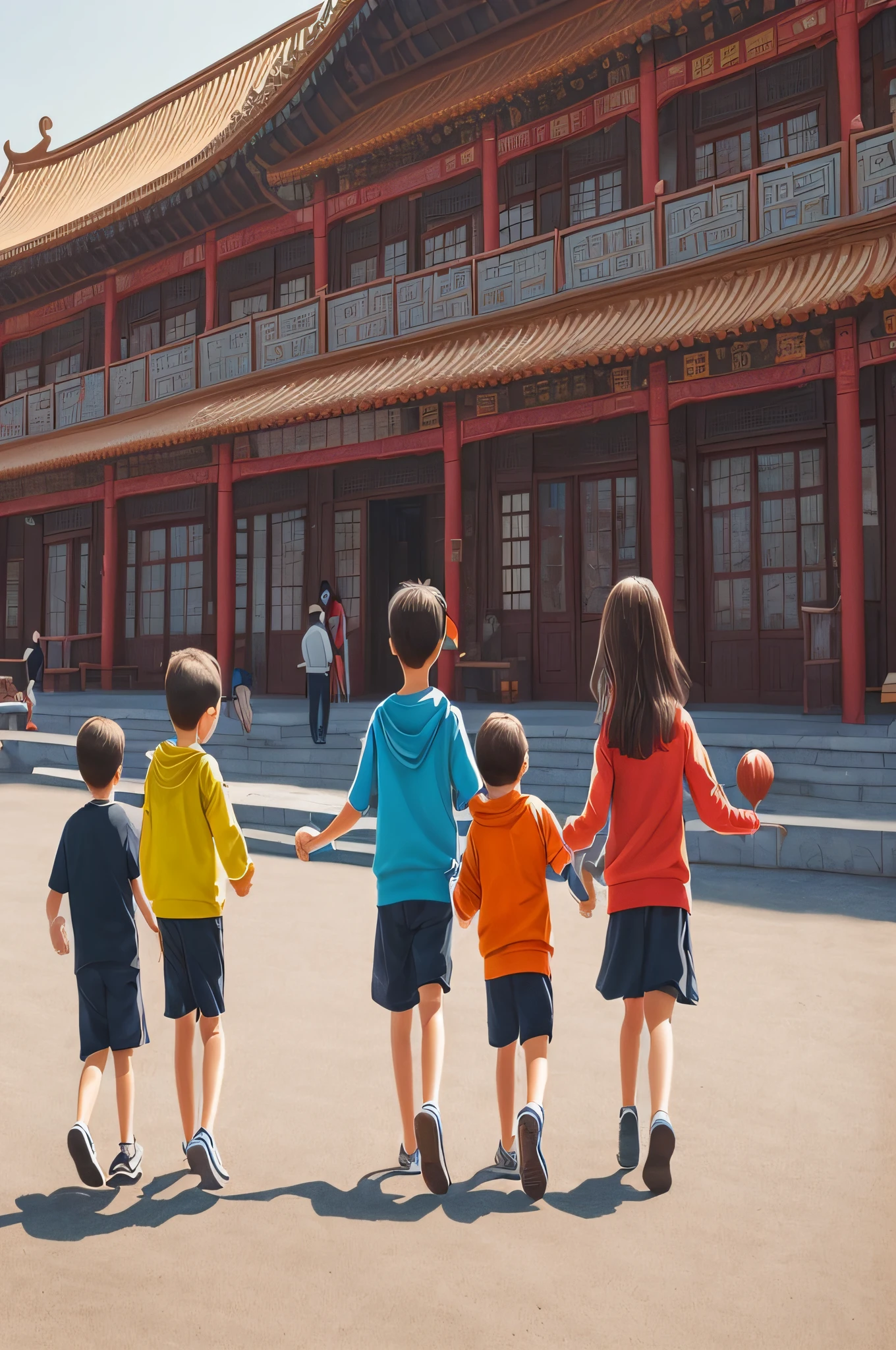 Several children ran hand in hand in front of the Inner Mongolia Museum,Cute type, Comic style, stickfigure, Color harmony, Quiet, k hd, 8K, adorable expression, , OilPaintStyle,Fill in color,Cartoony,stickfigure --auto