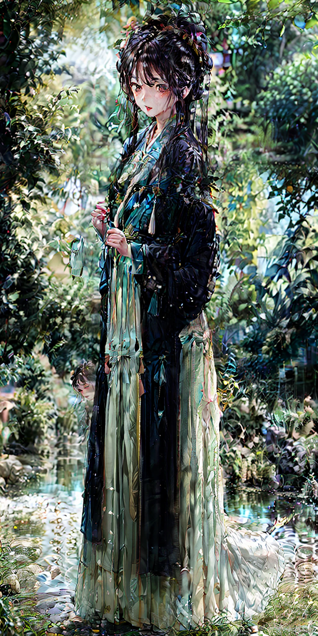 (masterpiece), Photorealsitic(1girl), Glowing black eyes, Blushing Hanfu girl, The lens focuses on the parted lips, Smoke and rain surround,Hides the Gusu garden,Small bridges and flowing water in a drizzle,Vaguely flowing on the wet stone path。