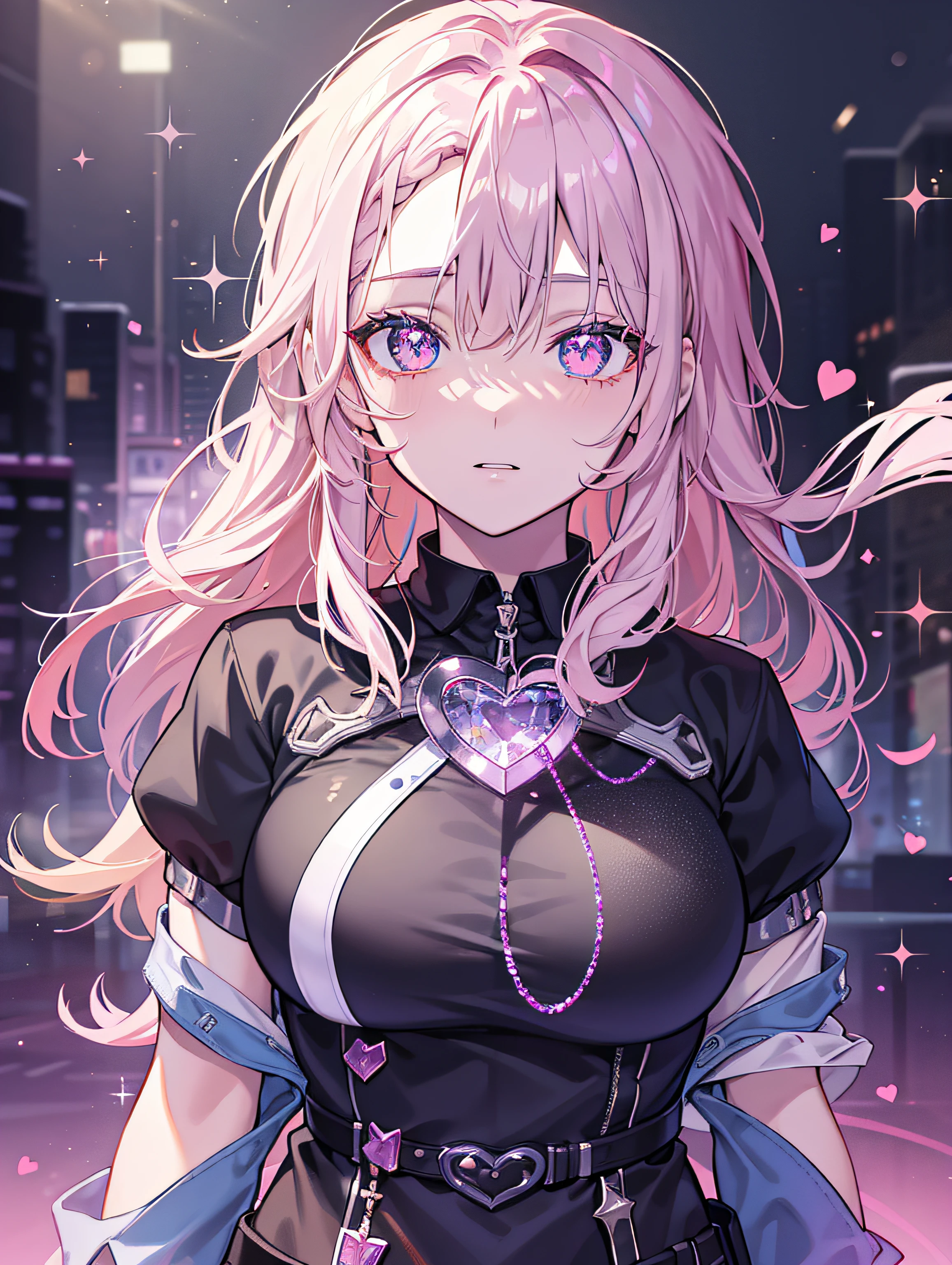 from the Side below Black silk, upper body, pleated skirt, poncho, original, monochrome, flat color, intricate detail, flat shading, flat color, minimalist-lines, graphite (medium), petite, bishoujo, young girl, crossed bangs, ahoge, side_ponytail, split-color hair, medium hair, streaked hair, blue_eyes, crystal pink_hair, pink_hair, looking at viewer, looking up, tears, blush, embarrassed, aquagradient eyes, tiny tits, hair ribbon, hair ornament, hair rings, hair stick, hairband, close-up, ukiyo-e, zoom layer, anatomically correct, masterpiece, high details