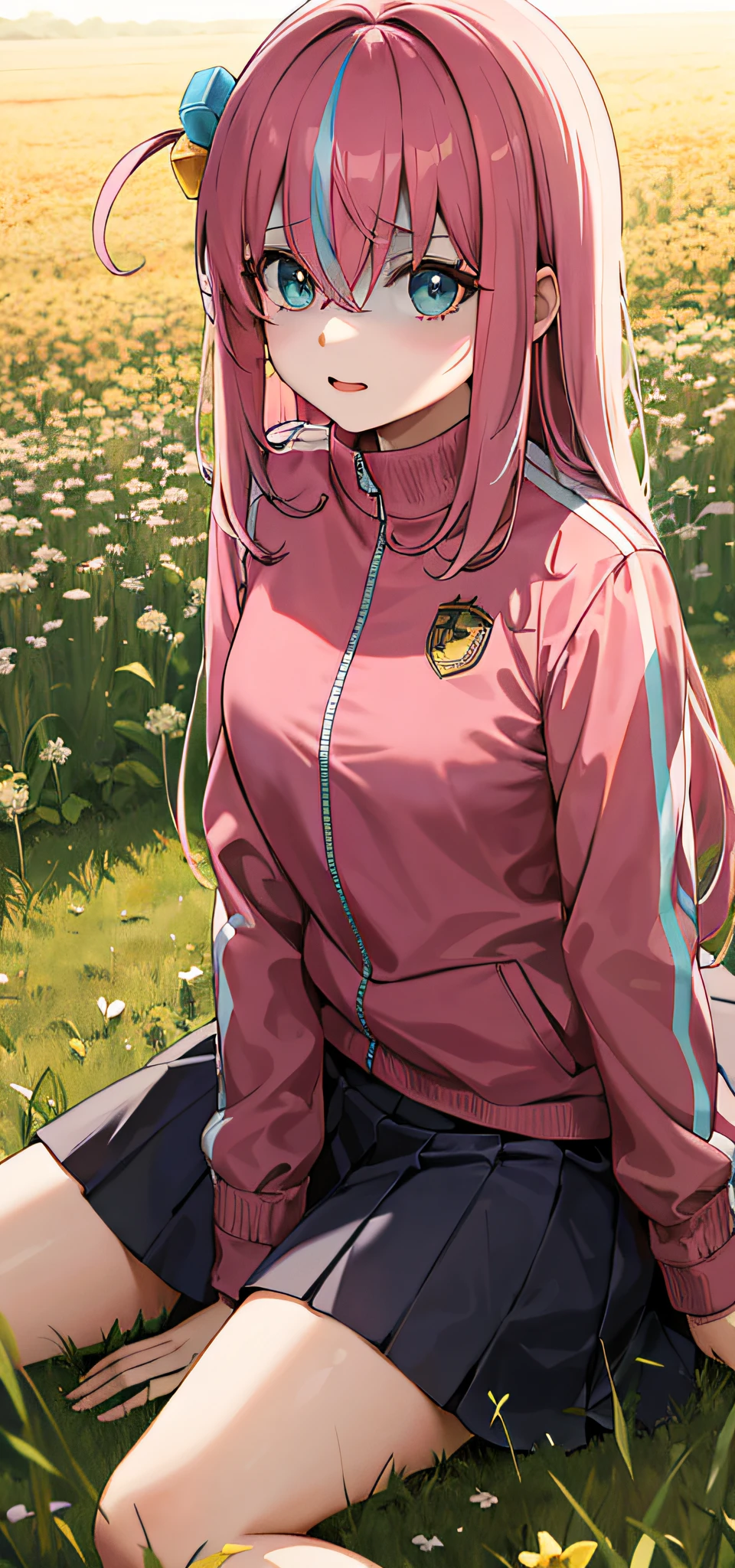 Masterpiece, Best quality, A high resolution, gotou1, gotou hitori, Solo, Skirt, Pink jacket, tracktop jacket, bangs, hair between eye, Long sleeves, Sitting, Field, shaded face,mideum breasts