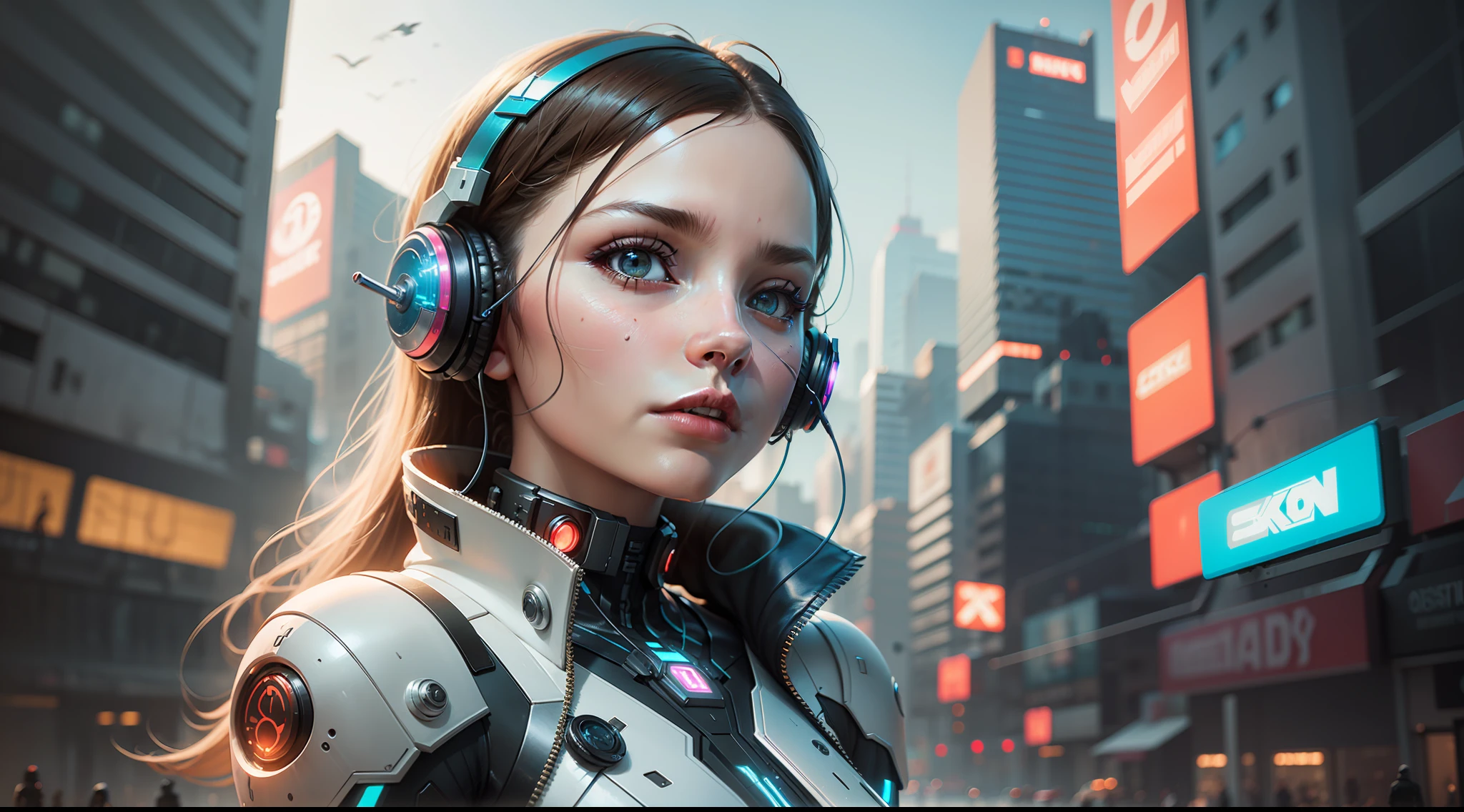 there is a woman with headphones and a futuristic suit pointing at something, cyberpunk art inspired by Marek Okon, cgsociety contest winner, digital art, cute cyborg girl, beutiful girl cyborg, beutiful white girl cyborg, cyborg - girl, cyborg girl, high quality digital concept art, 4k highly detailed digital art, futuristic art style