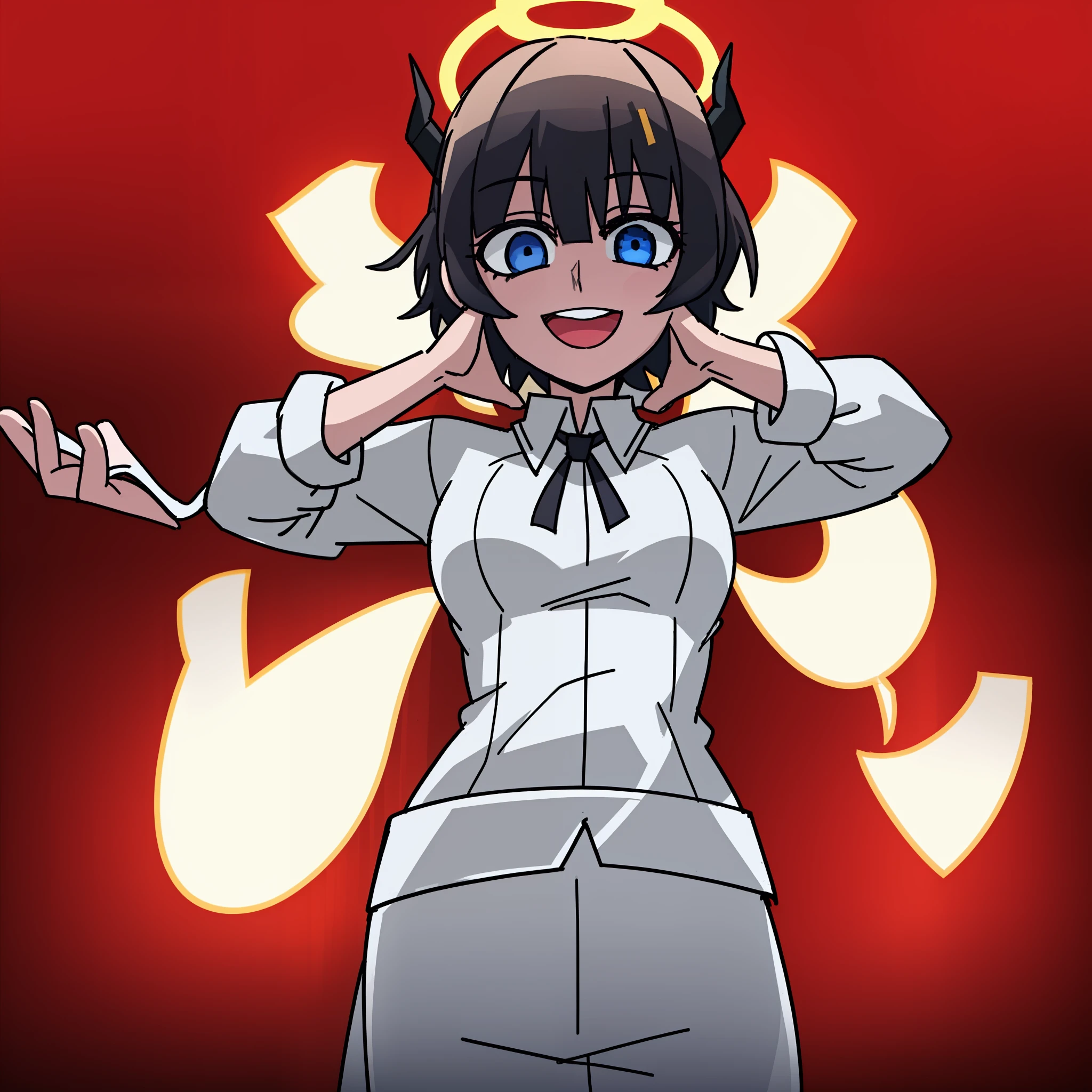 2d, masterpiece, best quality, highly detailed eyes, highly detailed face, cowboy shot, feet out of frame, 1girl, solo, standing, black background, red background, helltaker, azazel \(helltaker\), white shirt, white pants, gold trim, halo, angel, black hair, short hair, white ribbon, hair ribbon, light blue eyes, looking at viewer, smile, open mouth, hand on own face, straight-on