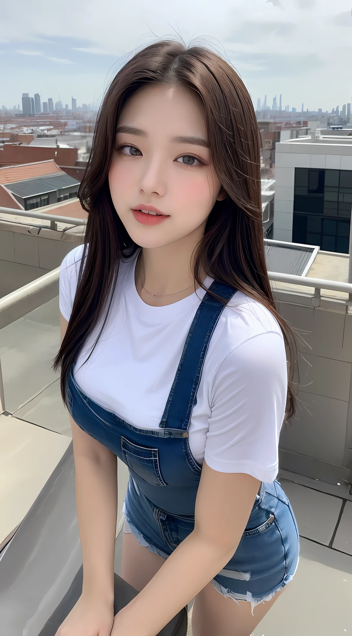((Midnight, Best quality, 8k, Masterpiece :1.3)), Whole body, Long legs, Sharp focus :1.2, A pretty woman with perfect figure :1.4, Slender abs :1.1, ((Dark brown hair, Big breasts :1.2)), (White tight tshirt, Jean bib, Standing:1.2), ((Night city view, Rooftop:1.3)), Highly detailed face and skin texture, Detailed eyes, Double eyelid
