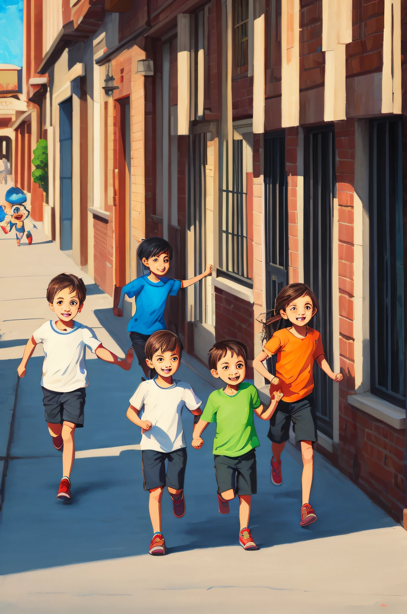 Several children run hand in hand in front of the museum,Cute type, Comic style, stickfigure, Color harmony, Quiet, k hd, 8K, adorable expression, , OilPaintStyle,Fill in color,Cartoony,stickfigure --auto