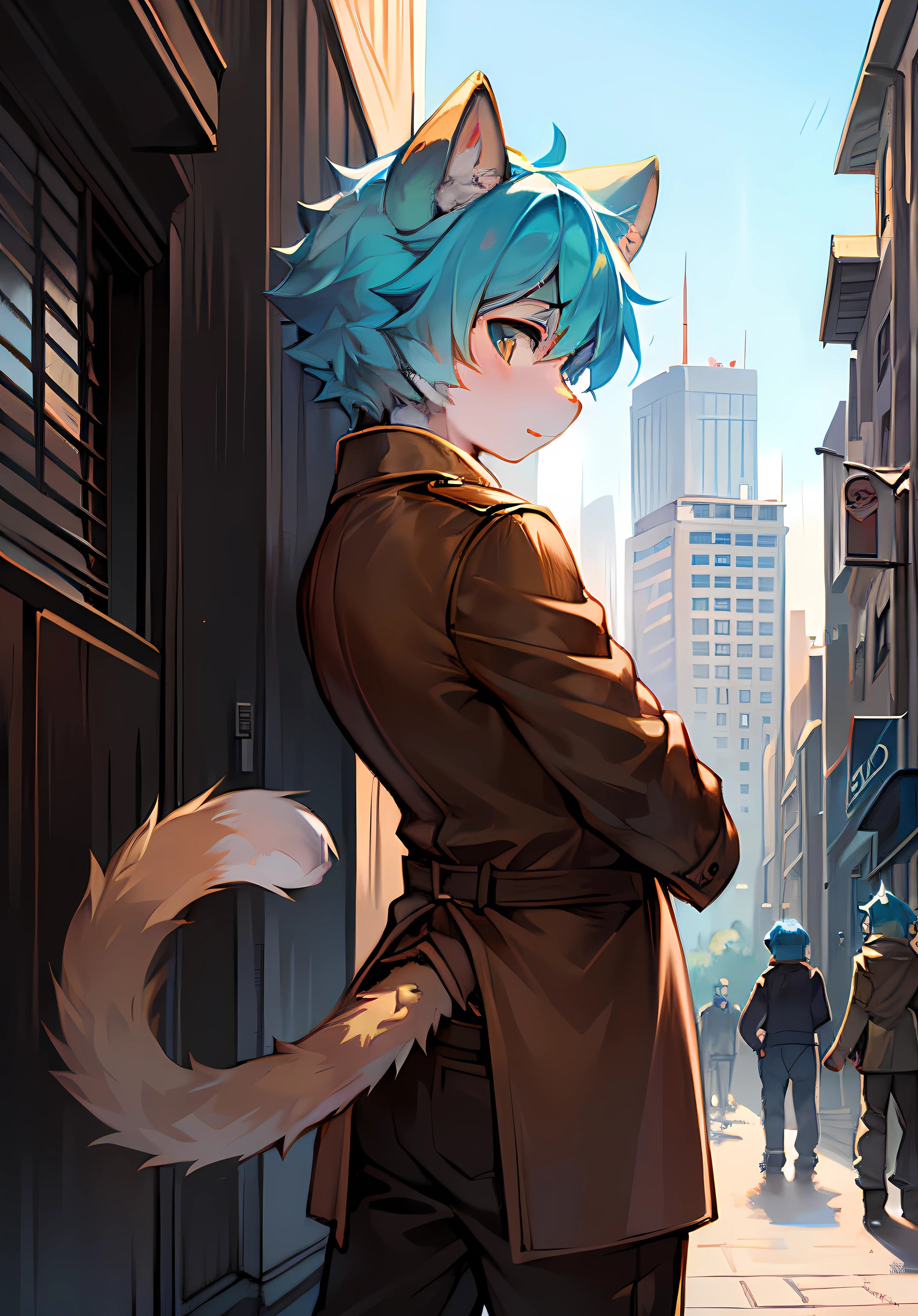 Stand in the city,hightquality,Cat type,Humanity,Cubs,Big fluffy cyan tail,Hair with a blue gradient,a masterpiece of,Cat ears,Brown trench coat,Brown pants,lovly,boy