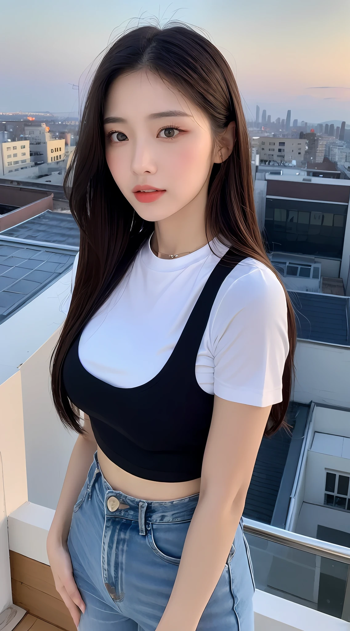 ((Midnight, Best quality, 8k, Masterpiece :1.3)), Whole body, Long legs, Sharp focus :1.2, A pretty woman with perfect figure :1.4, Slender abs :1.1, ((Dark brown hair, Big breasts :1.2)), (White tight tshirt, Jean bib, Standing:1.2), ((Night city view, Rooftop:1.3)), Highly detailed face and skin texture, Detailed eyes, Double eyelid