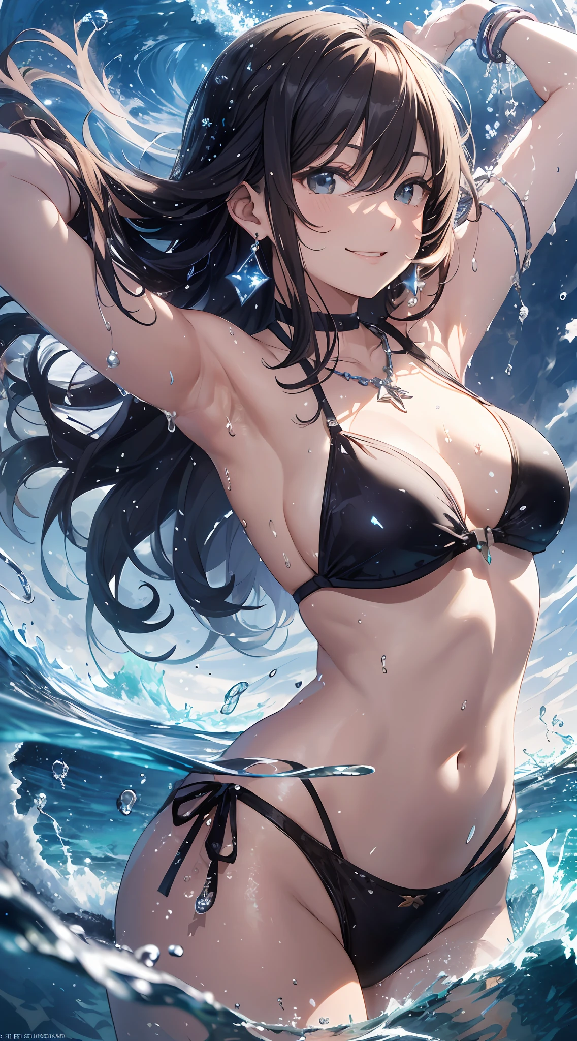 high-detail、masutepiece、fine portrayal、Vivid、absurderes, hight resolution, Best Beautiful Girl, (Lori:1.2), Cowboy Shot, (Tsunami:1.4), Luxury bikini, frilld, large earring, Gorgeous Necklaces, Gorgeous bracelets,  (floating water drop), (Water splash), (Water Effects:1.2), Dynamic Pose, Dynamic Angle, from the front side, resplendent smile、Particles of light、cinematic light and shadow、