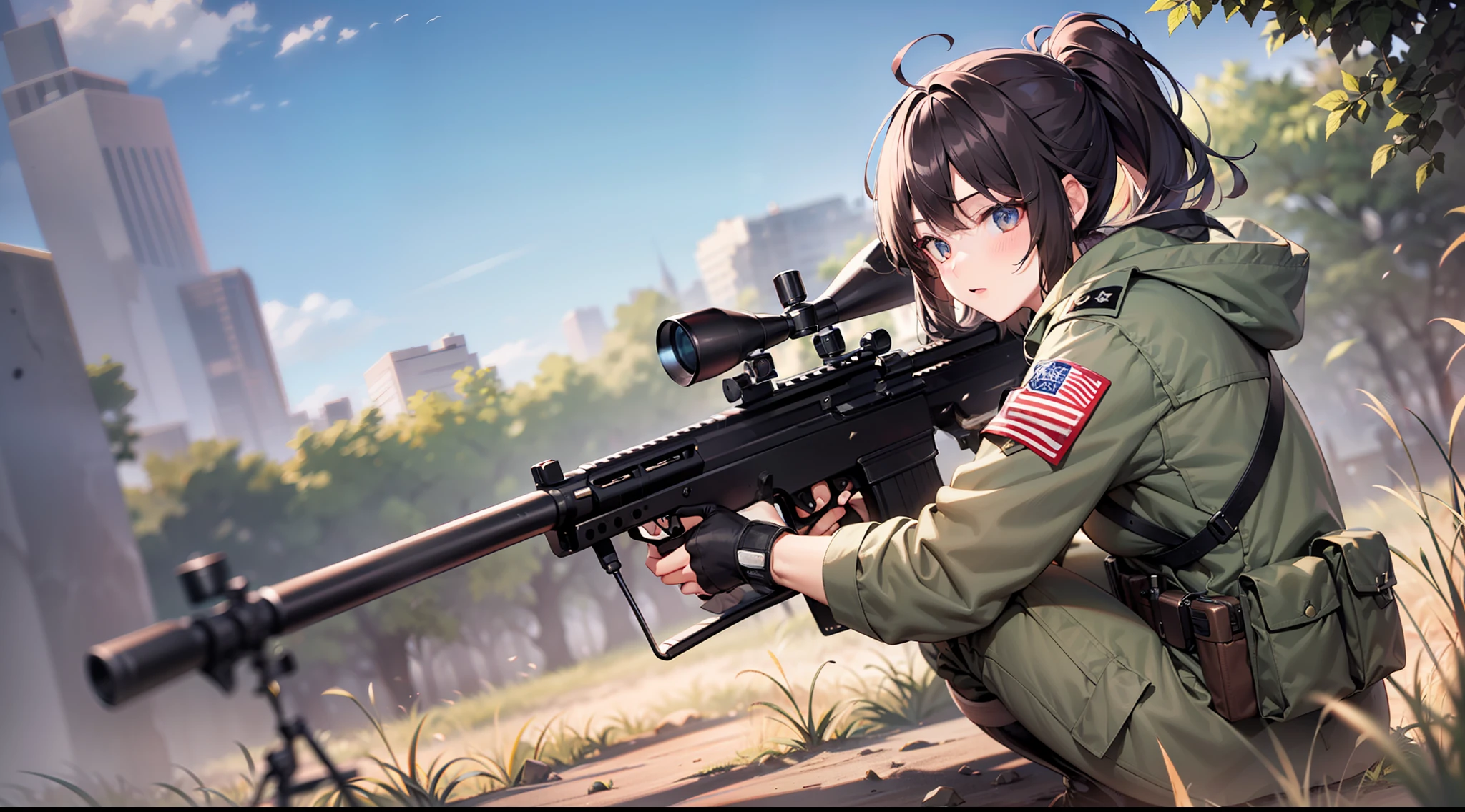 private military company, long range battle, battle girl, sniper rifle, black clothes