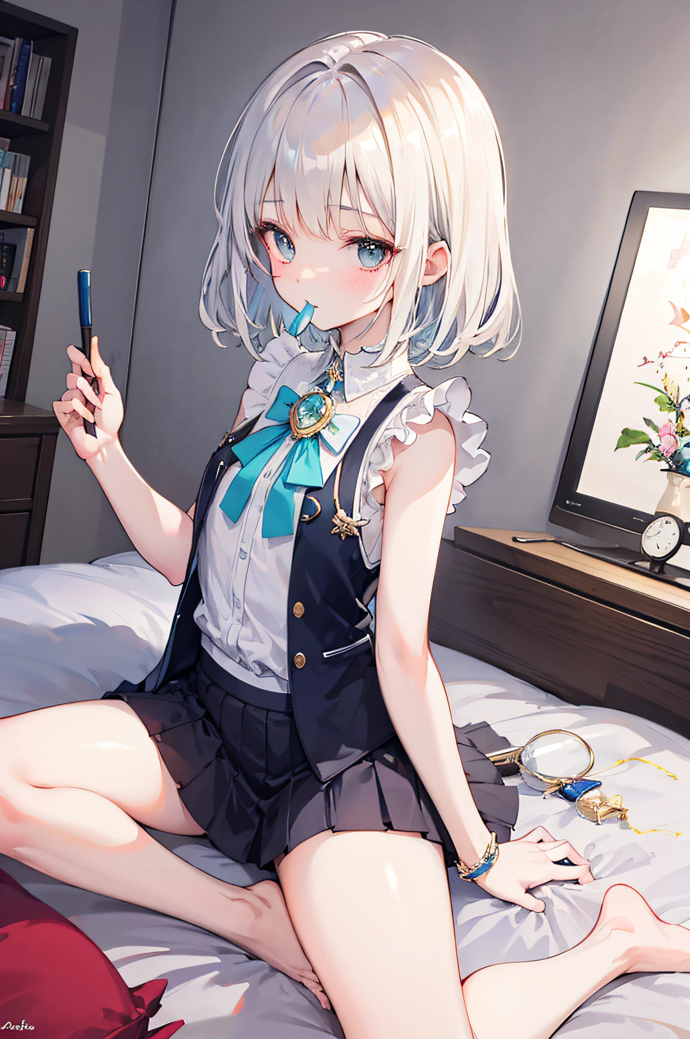 She has short white hair，Glass Hitomi，adolable，close-up all over the body，Keep your mouth shut，hyper HD，high qulity，Wear a white vest，Dull hair on the head，Wear a short skirt，A hexagonal gold brooch is worn on his chest，The chest is small，teens girl，Holds a magic wand in his right hand，Bare legged，Barefoot，Very beautiful，15 years old，Brush a twisted braid，with fair skin，teens girl，A shy look，sit on a bed，Top angle of view