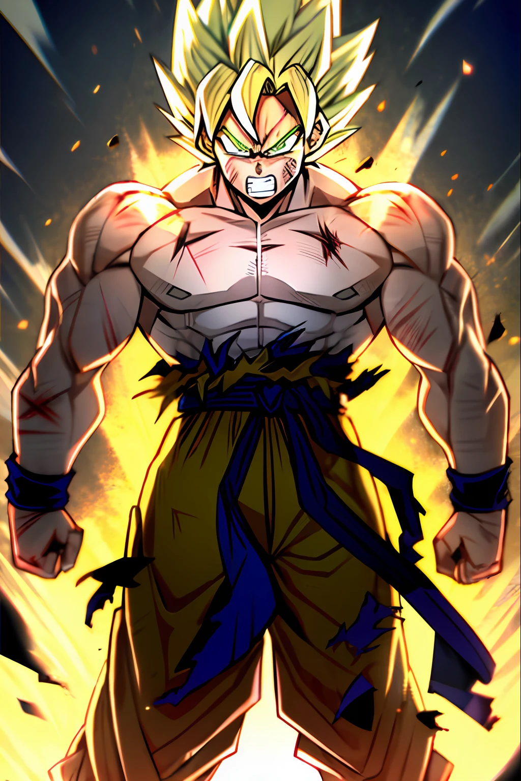 son goku, 1boy, angry, battle damage, blonde hair, blue sash, clenched teeth, furious, green eyes, male focus, muscular, muscular male, pectorals, sash, solo, spiked hair, super saiyan, super saiyan 1, teeth, ??????? male, torn clothes, wristband, ((masterpiece))