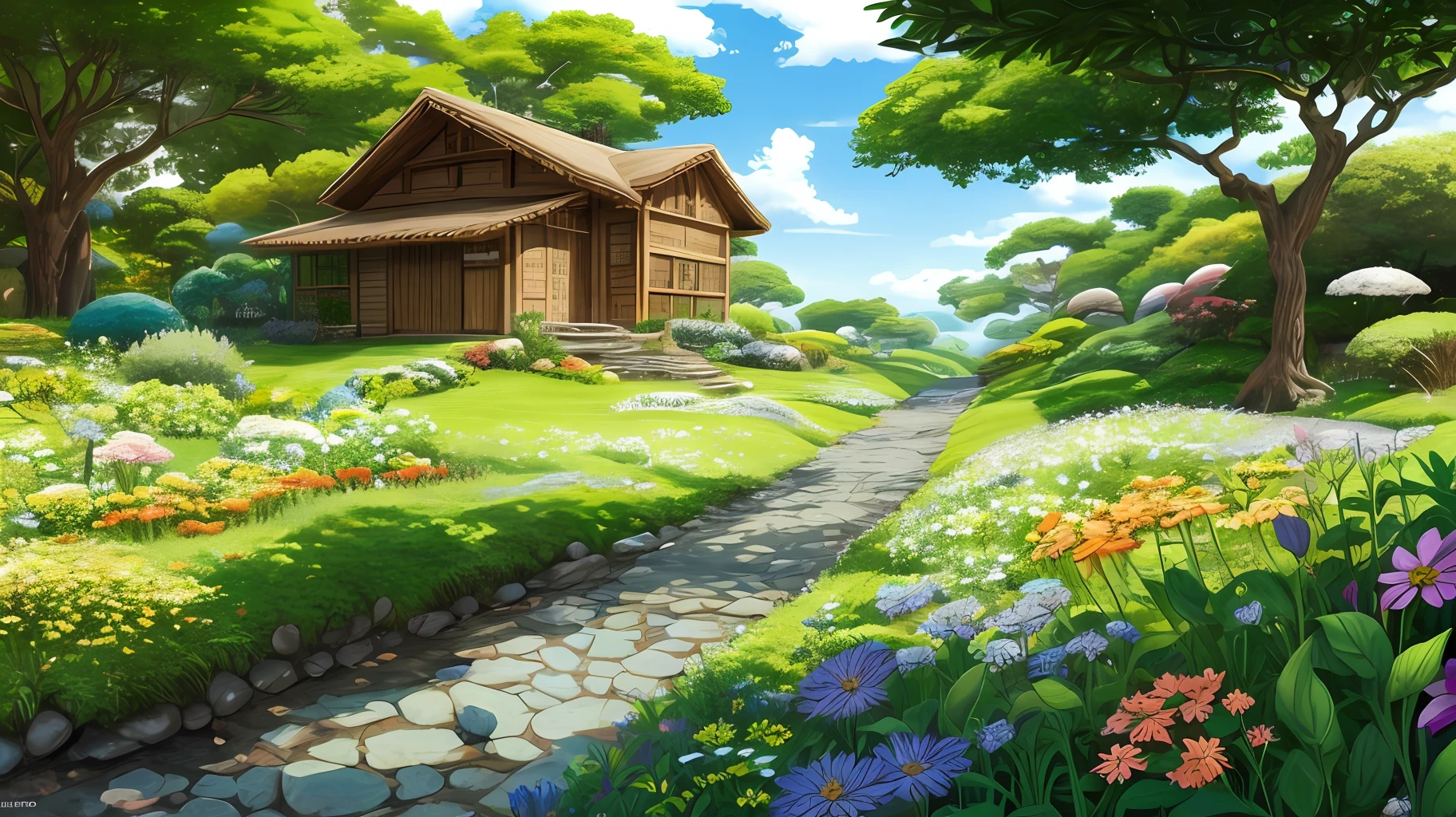Estilo Akira Toriyama, Studio Ghibli e Dragon Quest, Um background com uma planice verde, relaxante, cheio de belas flores misturadas de diversas cores, A place of contemplation. --auto