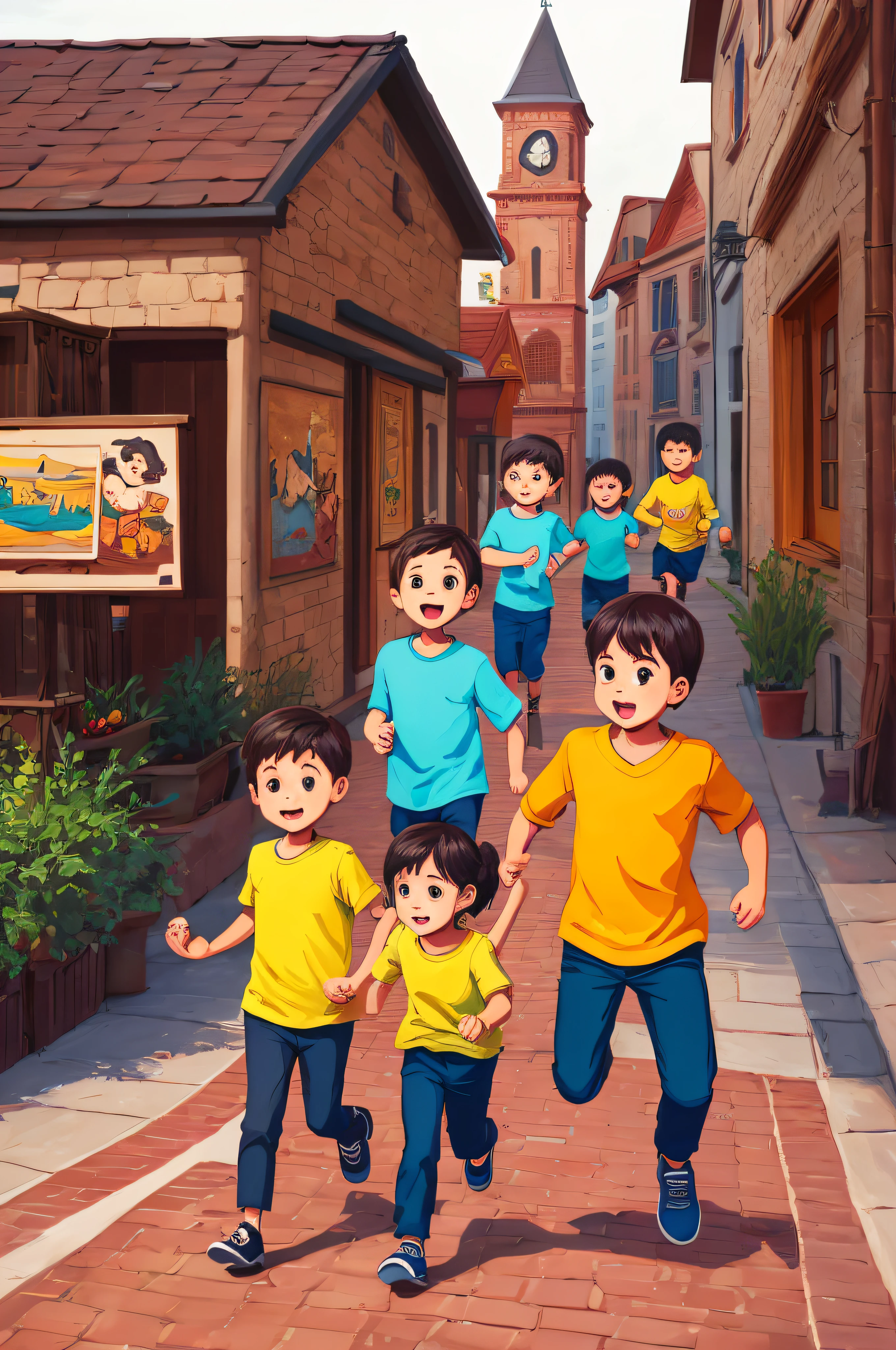 Several children run hand in hand in front of the museum,Cute type, Comic style, stickfigure, Color harmony, Quiet, k hd, 8K, adorable expression, , OilPaintStyle,Fill in color,Cartoony,stickfigure --auto