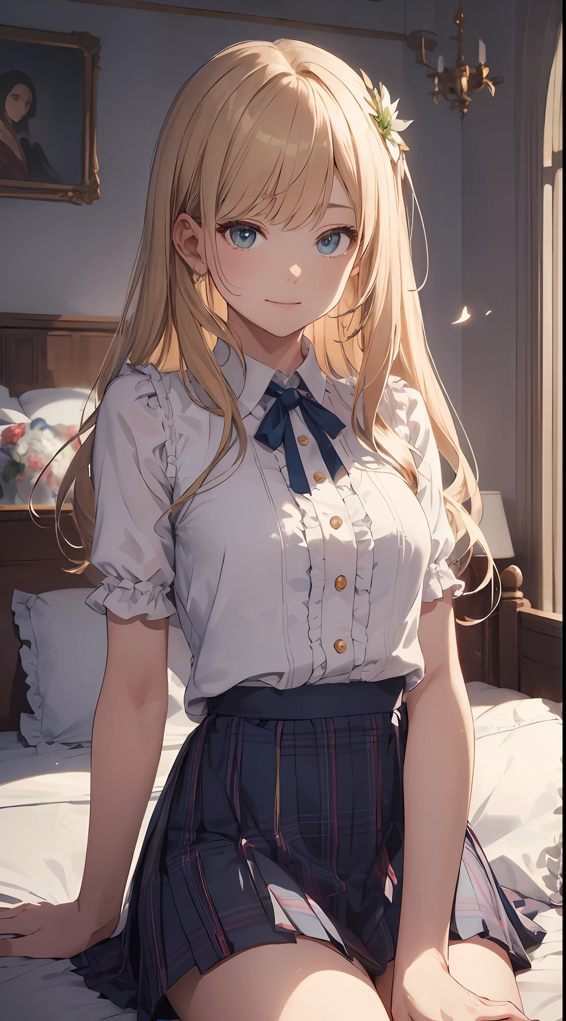 ((masterpiece best quality:1.4)), ((masutepiece, Best Quality)), (The 8k quality), (Detailed background:1.3), (Detailed face:1.3), (Cute teenage woman, Solo),Beautiful portrait、Delicate body、frilled blouse,Long Check Skirt,Vintage, Long Blonde Hair,Cinematic Light,Little smile,tilt the neck、Lying in a plush bed、Sunlight、Fluttering chest、Flipped skirt、Luxurious underwear、Rainbow glow, Beautiful Glow,