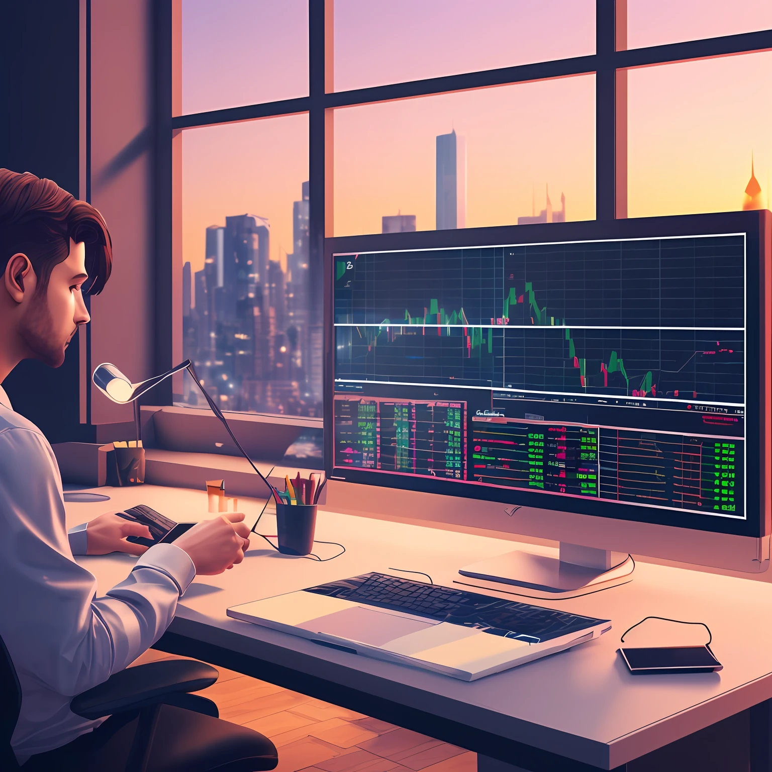 (Ultra-realistic holographic financial screen)+[Buildings，Bright office]+(Traders：1.3,desks：1.2,Computer screen：1.1)+(City silhouette)+Depth of field outside the window+the sunset+Stock trading interface+(k hd:1.1,Texture:1.2) --auto