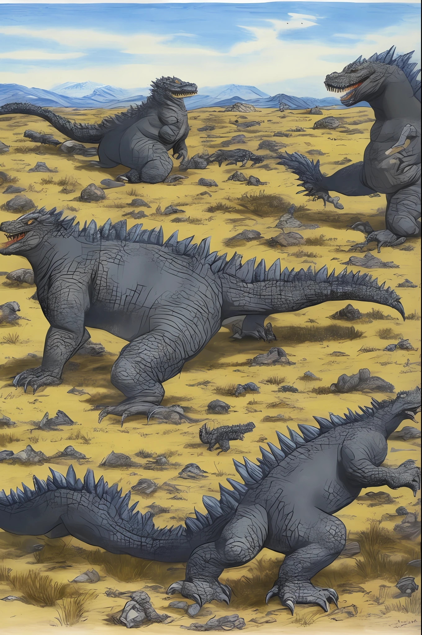 Godzilla battles Western dragons in the barren steppe with eight single drawings