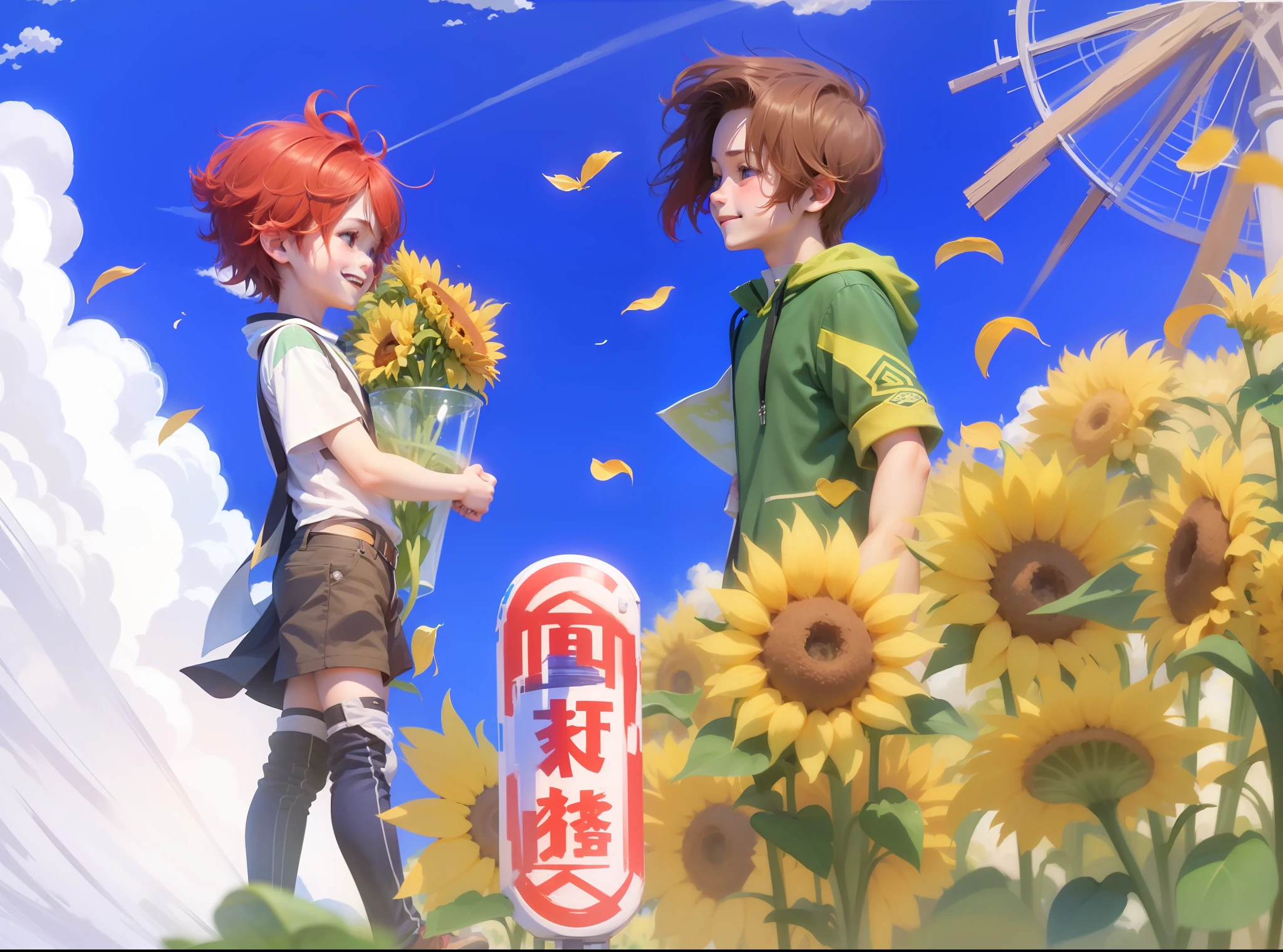 A fragile boy with sunflowers and red hair and a cool smiling boy with chestnut hair in the sun。with blue sky and white clouds