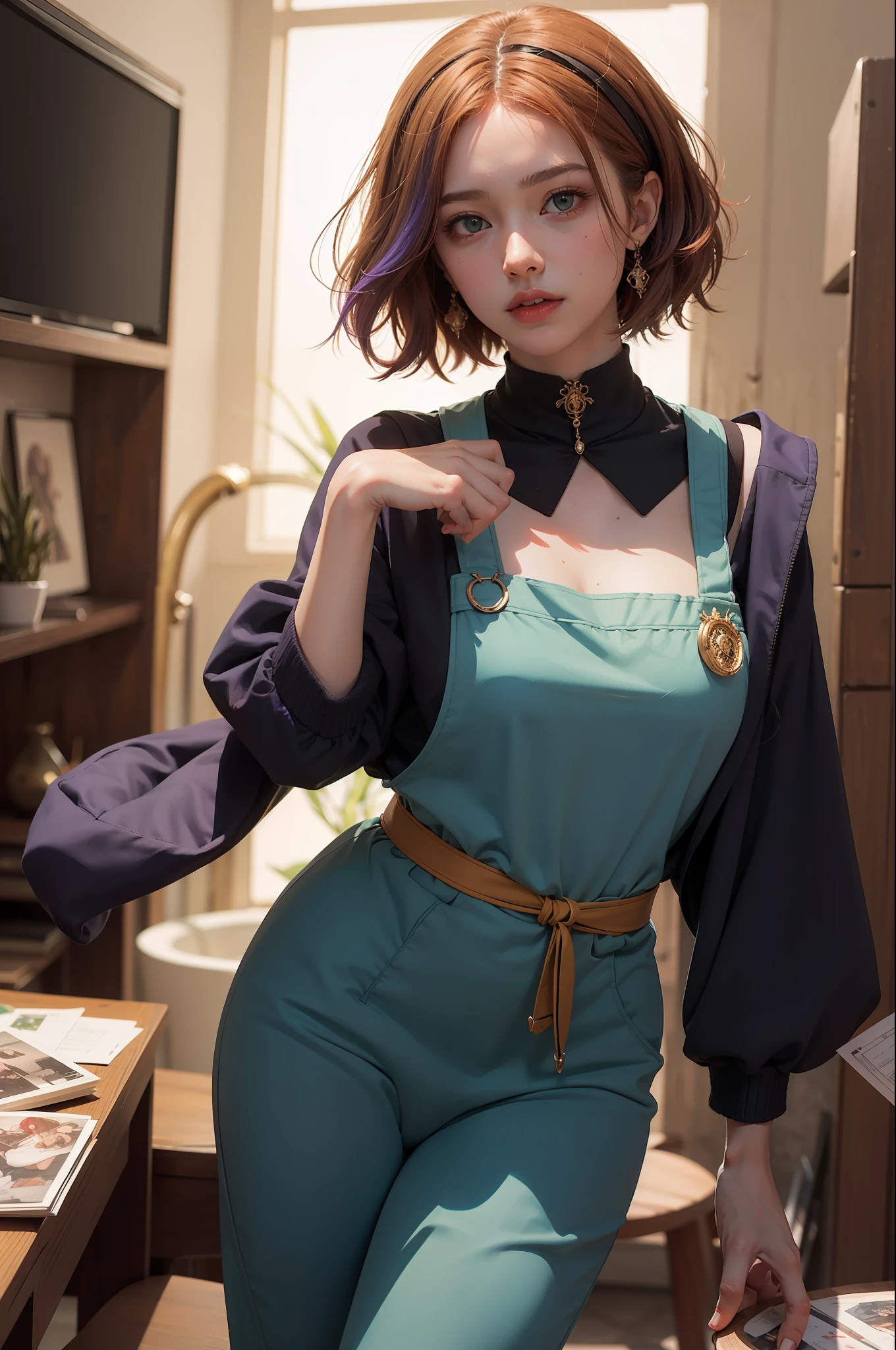 concept art, overhead angle of a Will-o'-the-wisp, wearing Funny Somali Emerald deep orange Pinafore, Caramel hair styled as Short hair, fluorescent purple Hair tie, equirectangular 360, Highres,  [(art by Willi Baumeister:1.1), (art by John T. Biggers:1.2)::17], official art, unity 8k wallpaper, ultra detailed, aesthetic, masterpiece, best quality, photorealistic