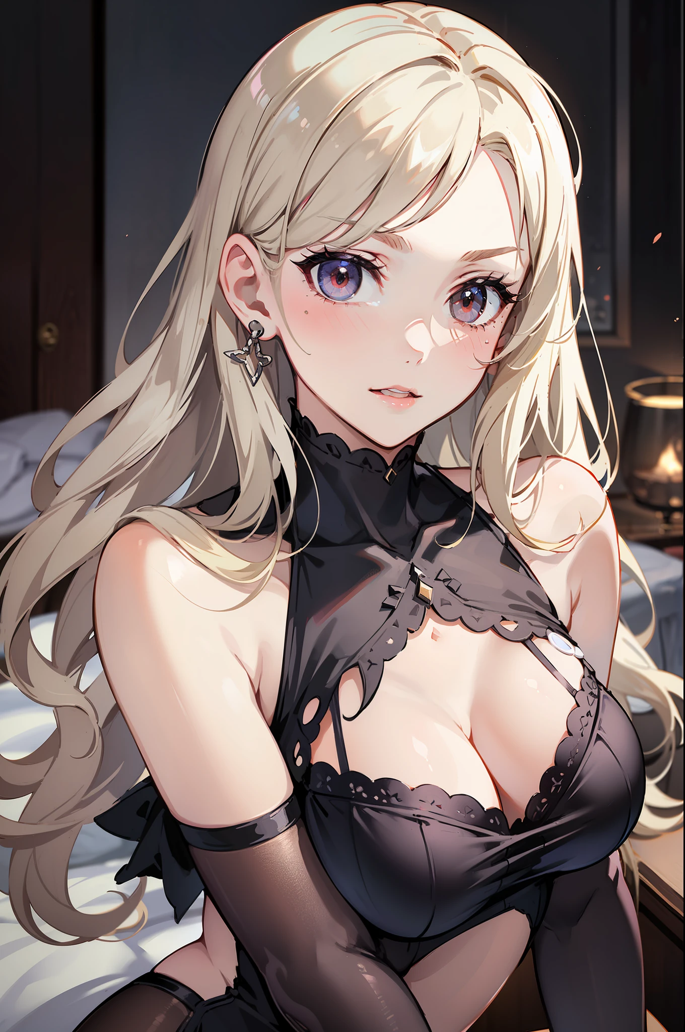Pale beautiful young woman、Amused beautiful、slim and angular face、pointed chin、Feminine and big eyes、realisitic、ighly detailed、Large accentuated chest、Contrasty、Textured skin、 cold skin pores、face perfect、red blush、High small nose、Tear mole、Oblique 45 degrees、length hair、Light brown eyes、Sweet smell、Dynamism、Thrilling、Fluffy breasts、Luxury、Torn T-shirt、fishnet tights、Touching the breast、Inviting men、a luxury hotel room、Full body painting