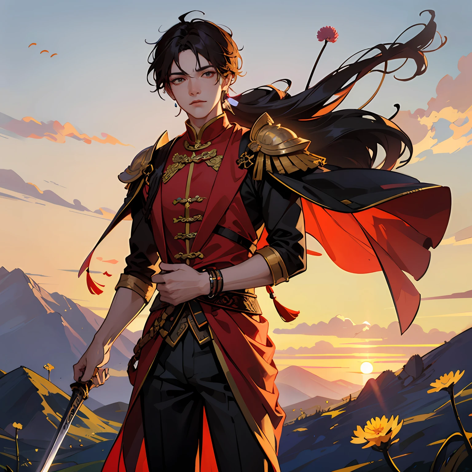 high high quality,Libido boy,Single Eyelids,period costume,sportrait,Like Li Xiaoyao,Carrying a sword on his back,Shu Mountain in the background,Red dandelion,