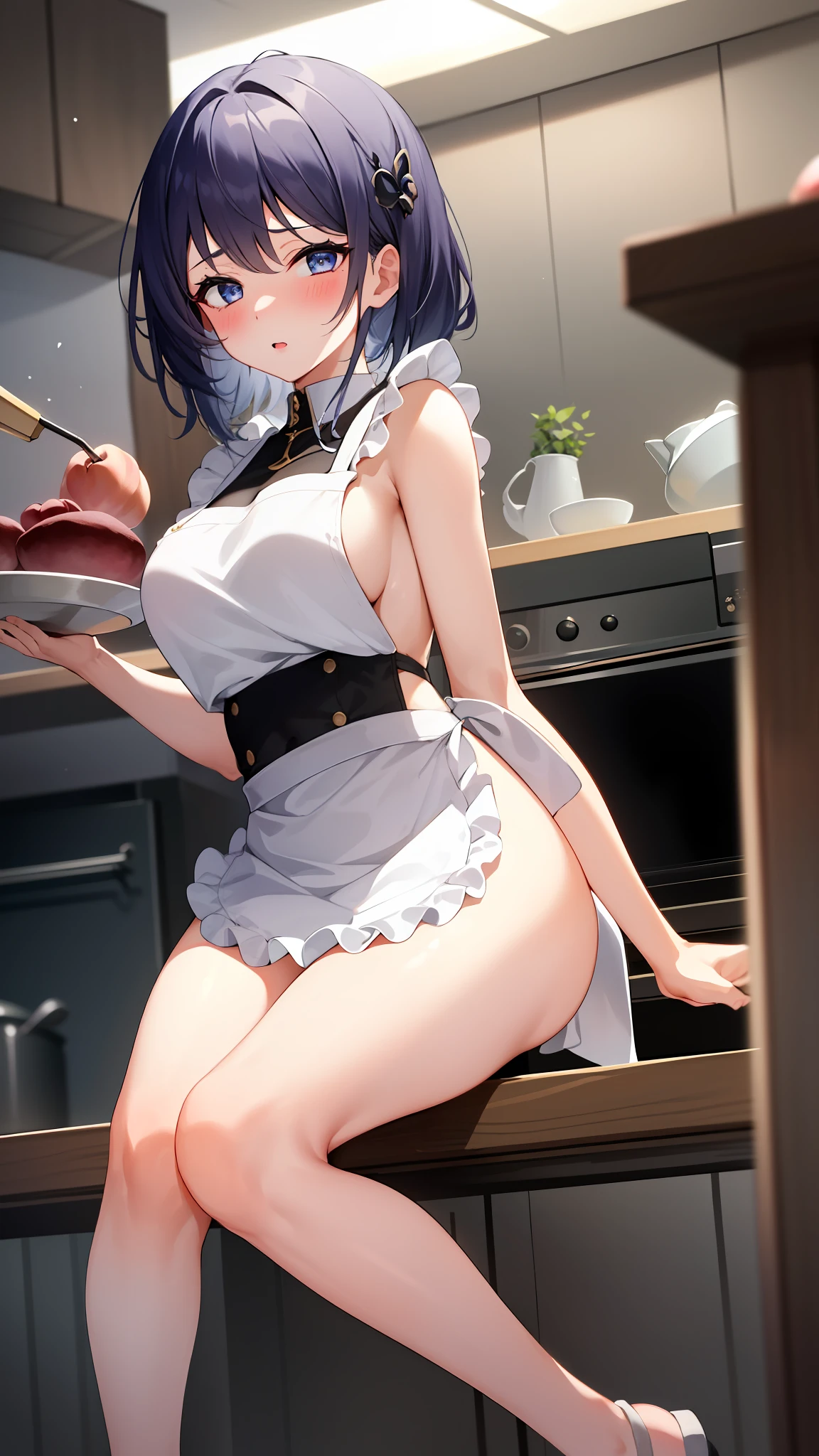 1girl, solo, masterpiece, highest quality, 8k, , kitchen background, naked apron, bare legs, sexy legs, bewitching thighs, blushing slightly, sfw, thick thighs,  facing a turkey on plate half cooked, purple hair, blue eyes, peach skin, black and white apron, naked apron, ahegao expression